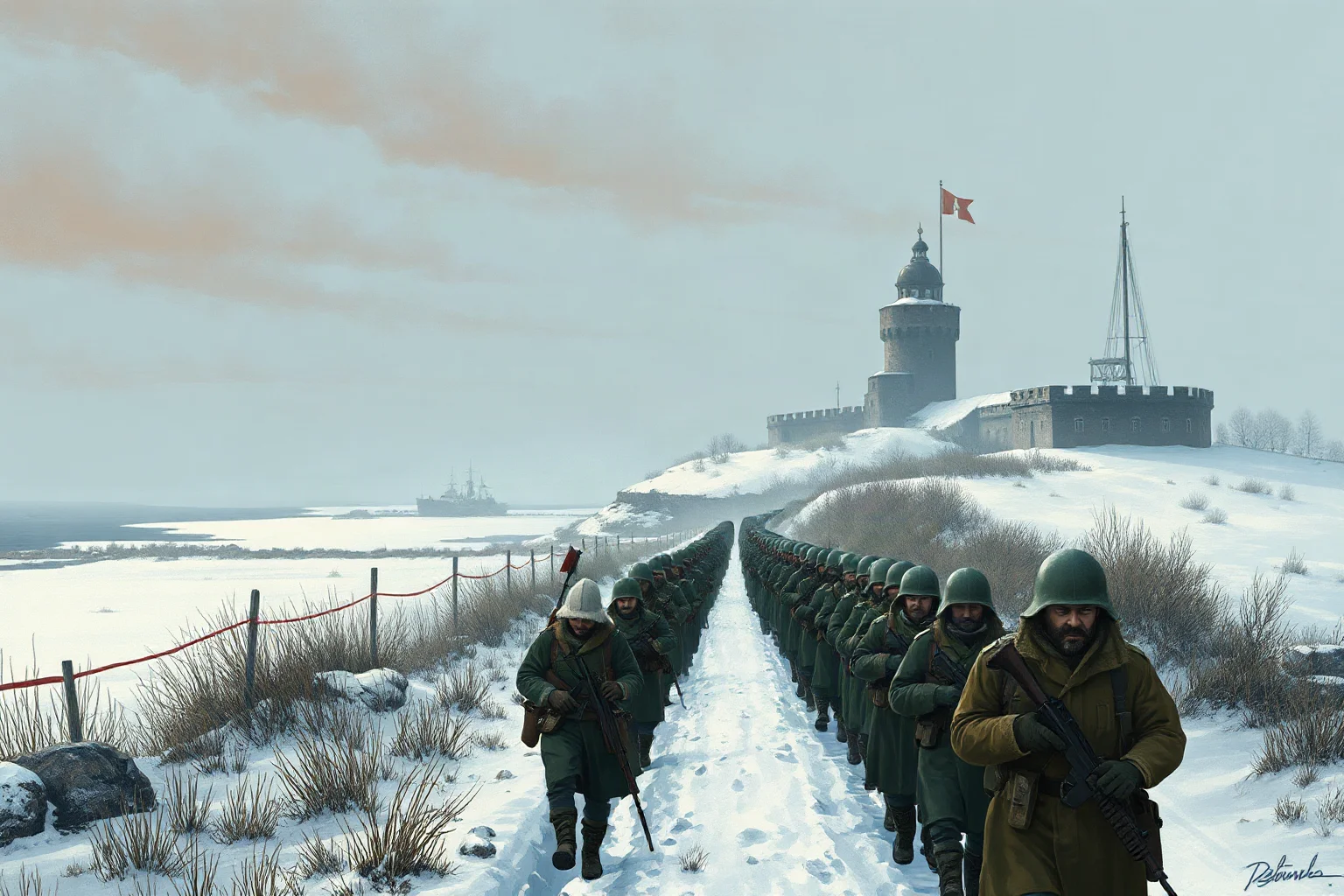 An illustration of a long line of soldiers marching through a snowy battlefield near a Baltic coastline fortress
