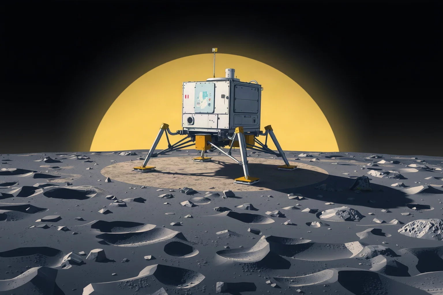 An illustration of a lunar lander module resting on cratered dust with minimal ground disturbance beneath it