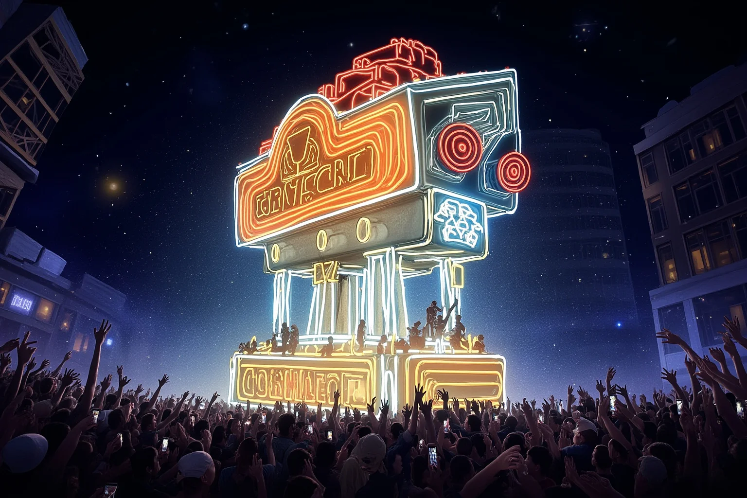 Mardi Gras Krewes: How Parades Turned Into Power And Pop Culture 17 An illustration of a massive, brightly lit modern parade float towering over a cheering nighttime crowd