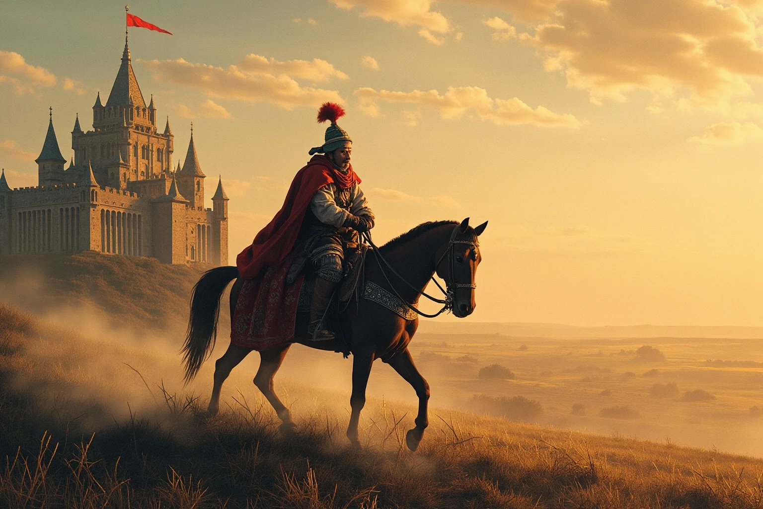 Galileo, Harvard, and 20 Other Unlikely Simultaneous Historical Events 19 An illustration of a medieval European castle beside a Mongol horseman silhouette riding across open steppe