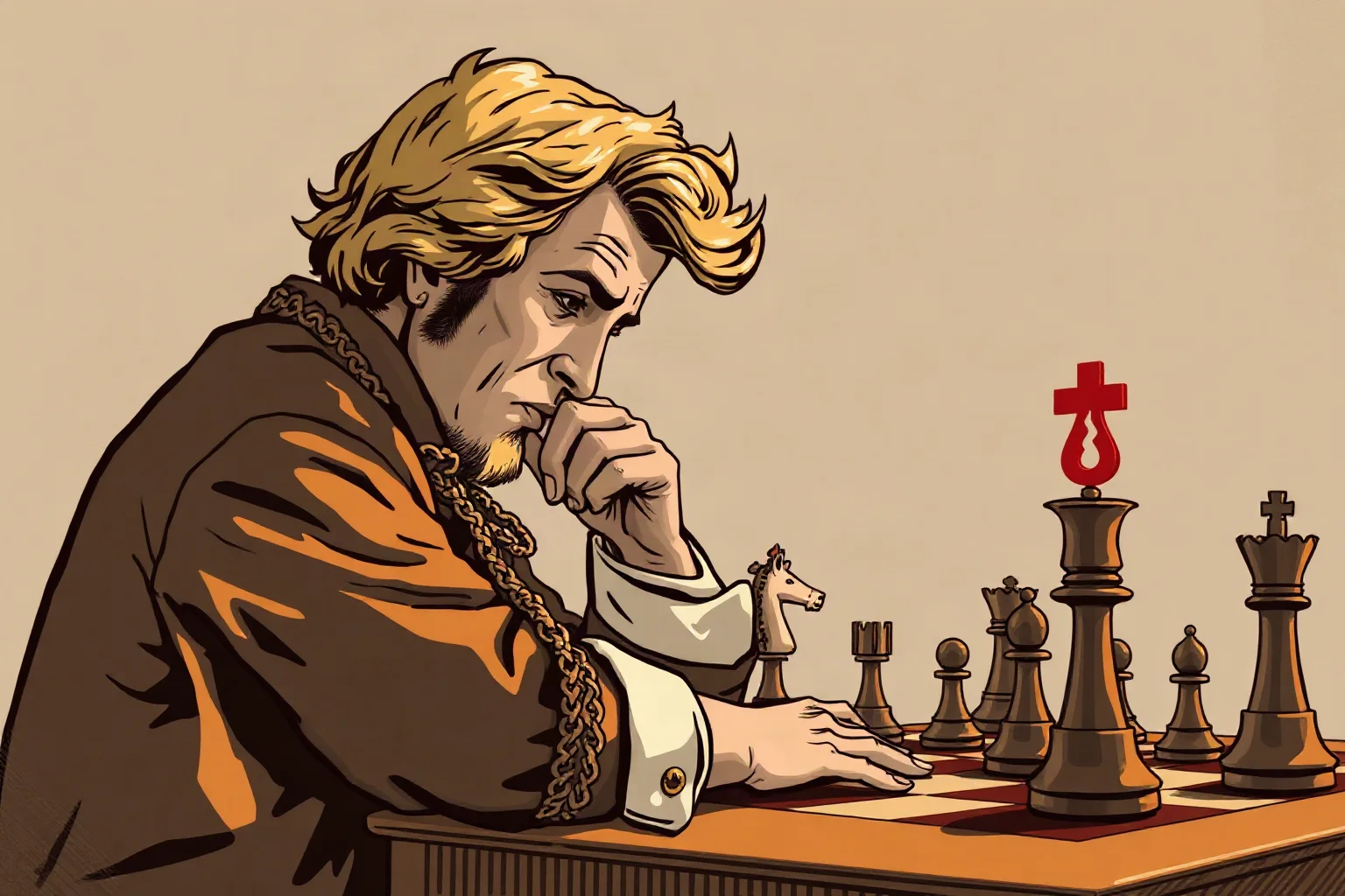 An illustration of a modern American chess grandmaster deep in thought during a marathon-length classical game