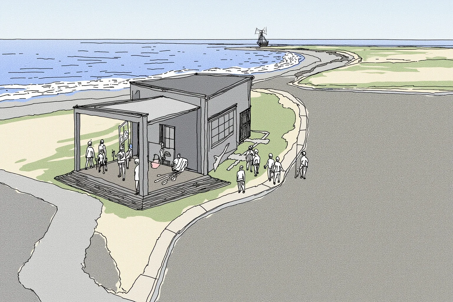 An illustration of a modern coastal cyclone shelter building with people evacuating calmly, contrasting with the past