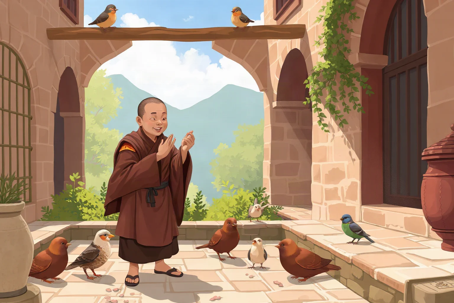 An illustration of a monk in a brown robe feeding birds and small animals in a sunny stone courtyard