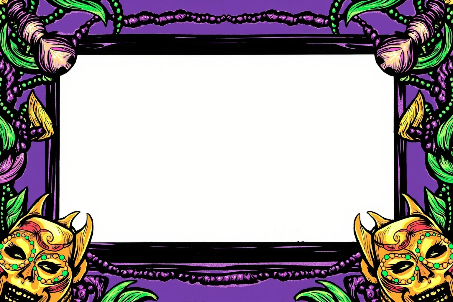 Mardi Gras Krewes: How Parades Turned Into Power And Pop Culture 21 An illustration of a movie screen or postcard bordered with Mardi Gras beads and masks, symbolizing pop culture