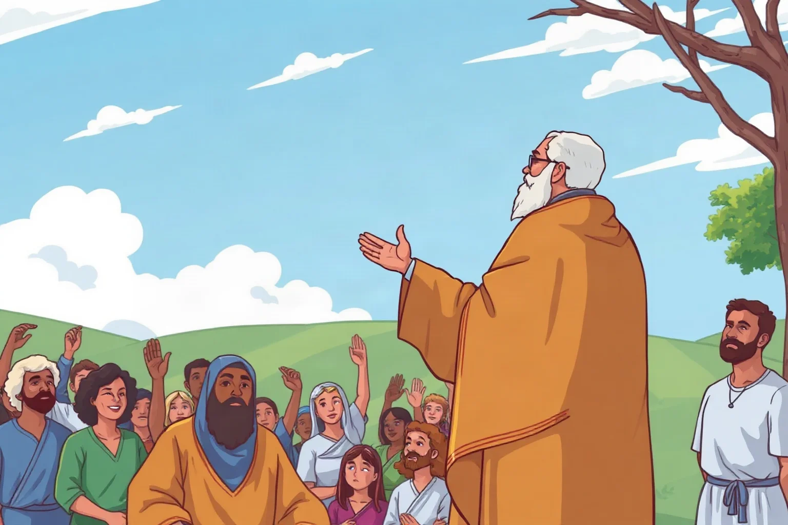 An illustration of a religious leader in clerical robes addressing a hopeful crowd outdoors