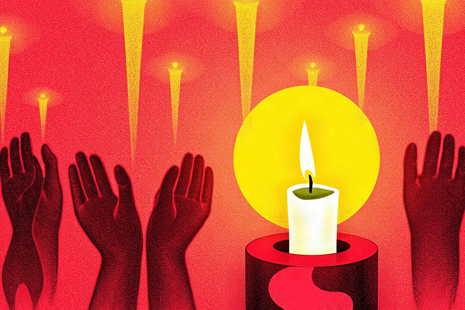 An illustration of a ribbon symbol and candle vigil representing AIDS awareness in the 1980s