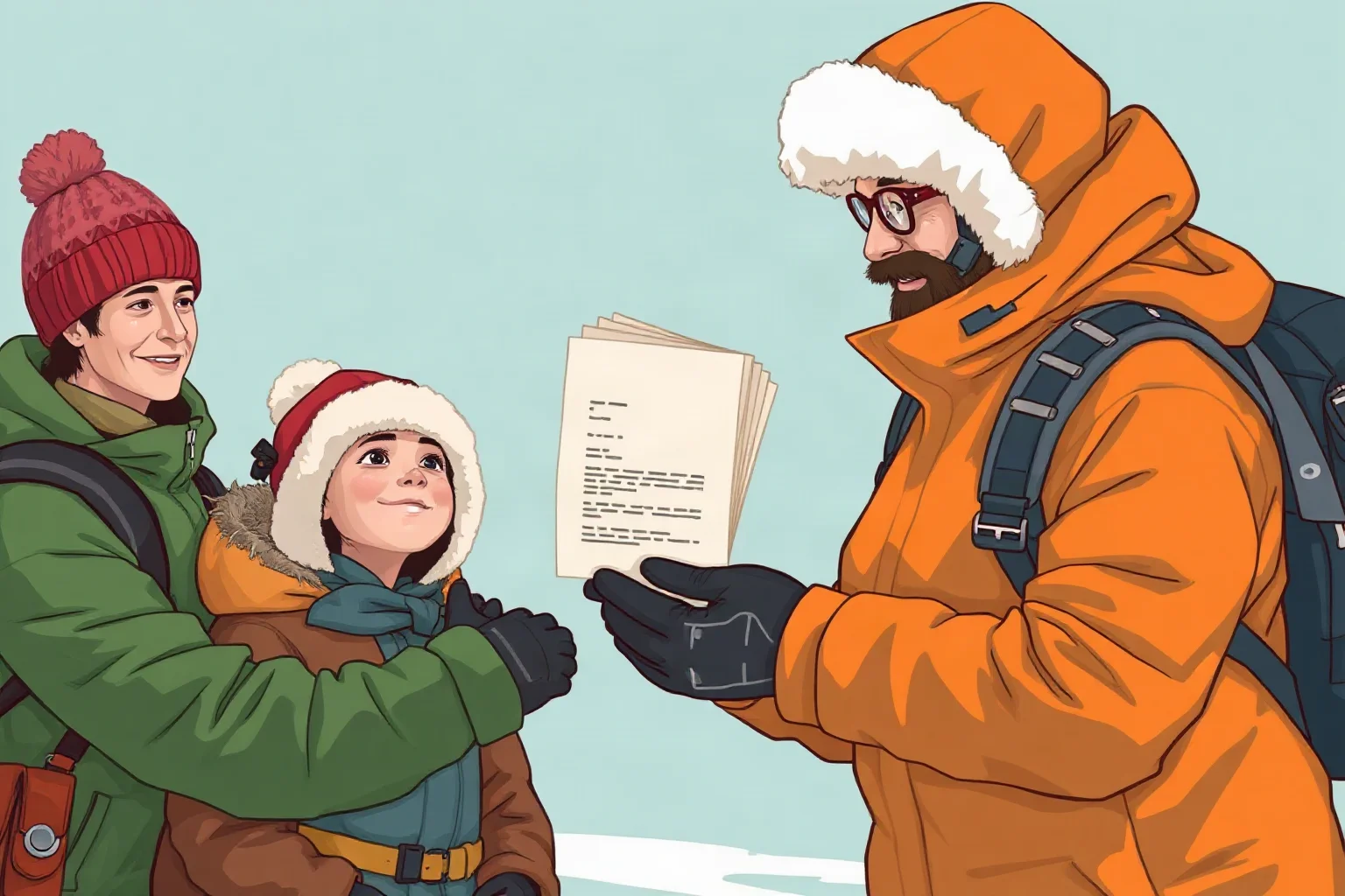 An illustration of a rugged explorer in polar gear handing a stack of travel documents to a grateful refugee family