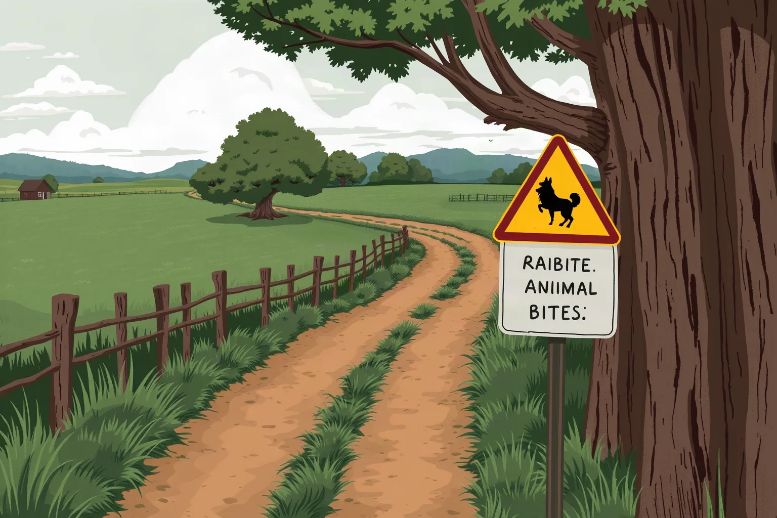 An illustration of a rural countryside path with a warning sign about animal bites, evoking rabies awareness, earthy tones