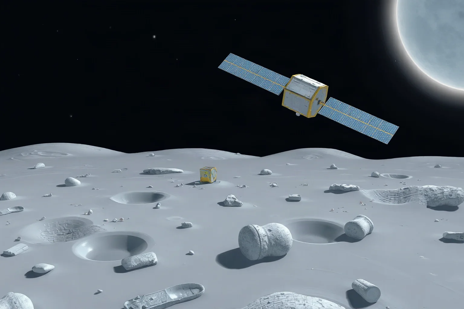 An illustration of a satellite orbiting the moon, photographing small footprints and lander debris on the surface below