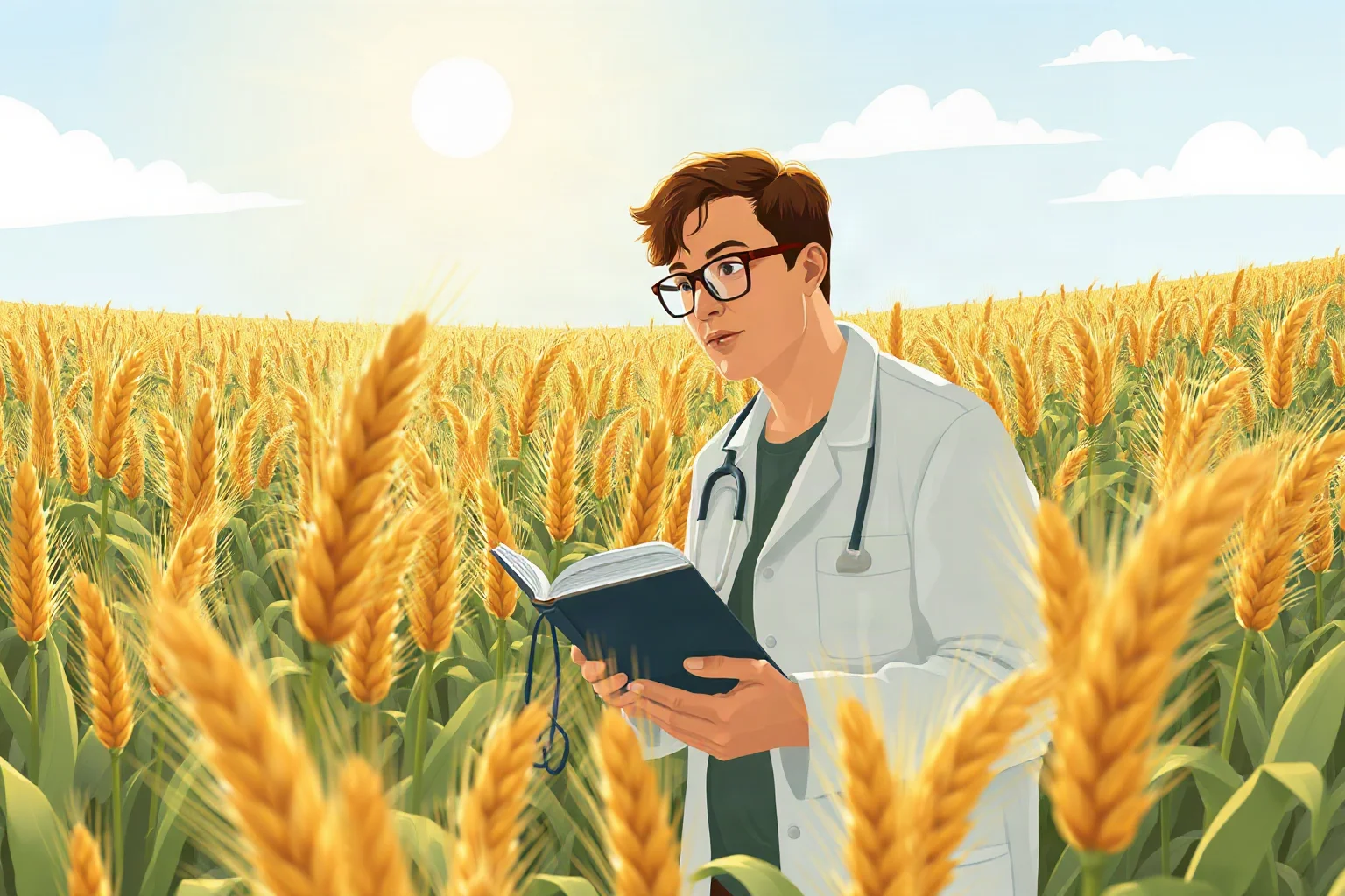 An illustration of a scientist examining golden wheat stalks in a sunlit experimental field, notebook in hand