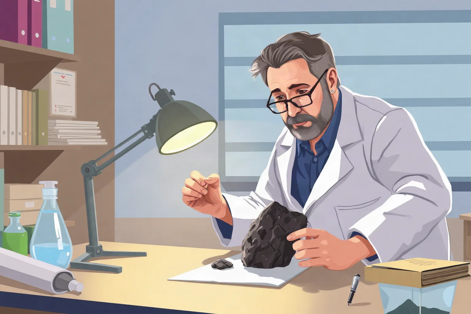 An illustration of a scientist in a lab examining a grey moon rock sample under a bright desk lamp