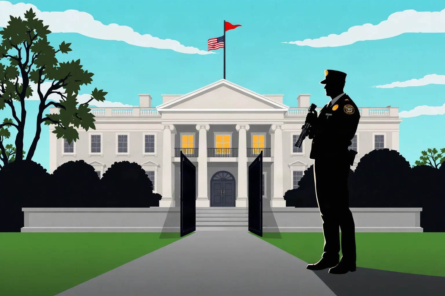 An illustration of a Secret Service-style agent silhouette standing watch beside a formal government building entrance