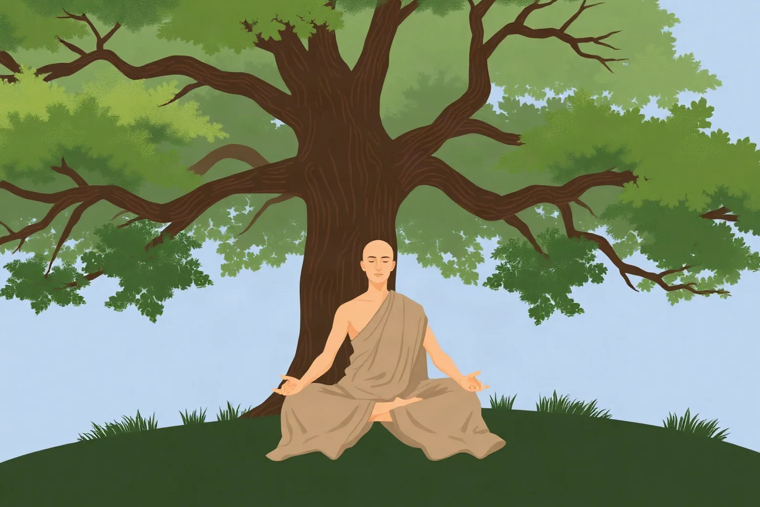 An illustration of a serene meditating figure in simple robes seated peacefully beneath a large tree