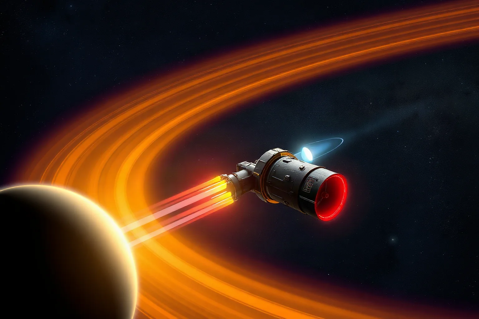 An illustration of a spacecraft diagram passing through glowing radiation belt bands with a measuring readout