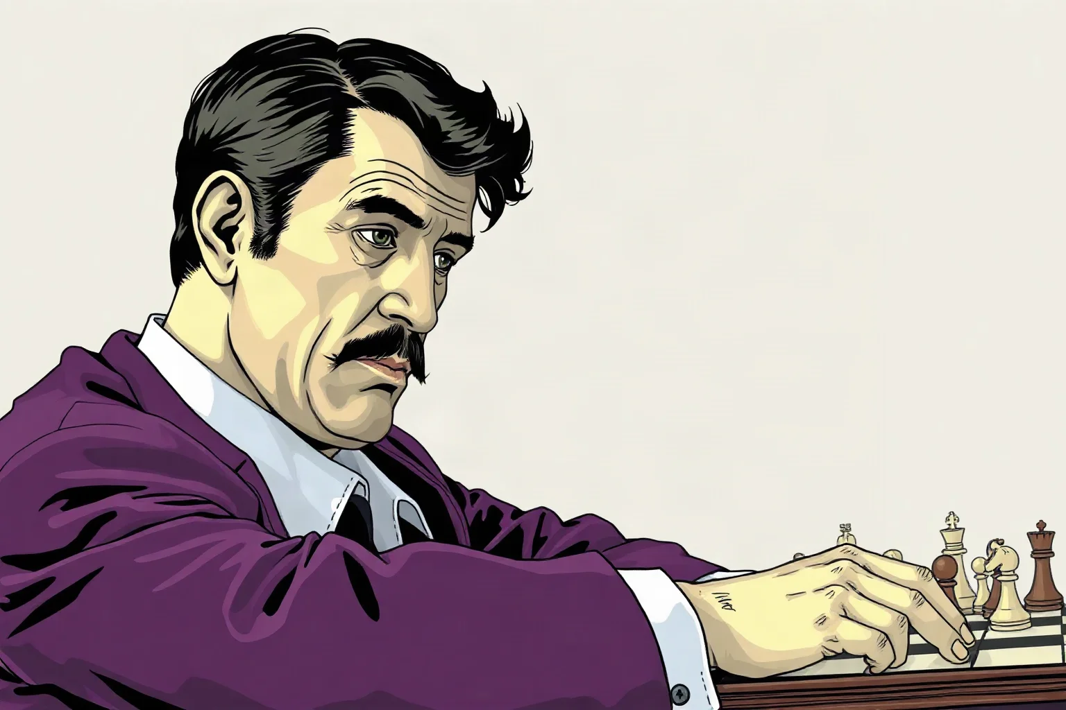 An illustration of a stern chess grandmaster in 1980s Soviet-style clothing calmly studying a positional endgame