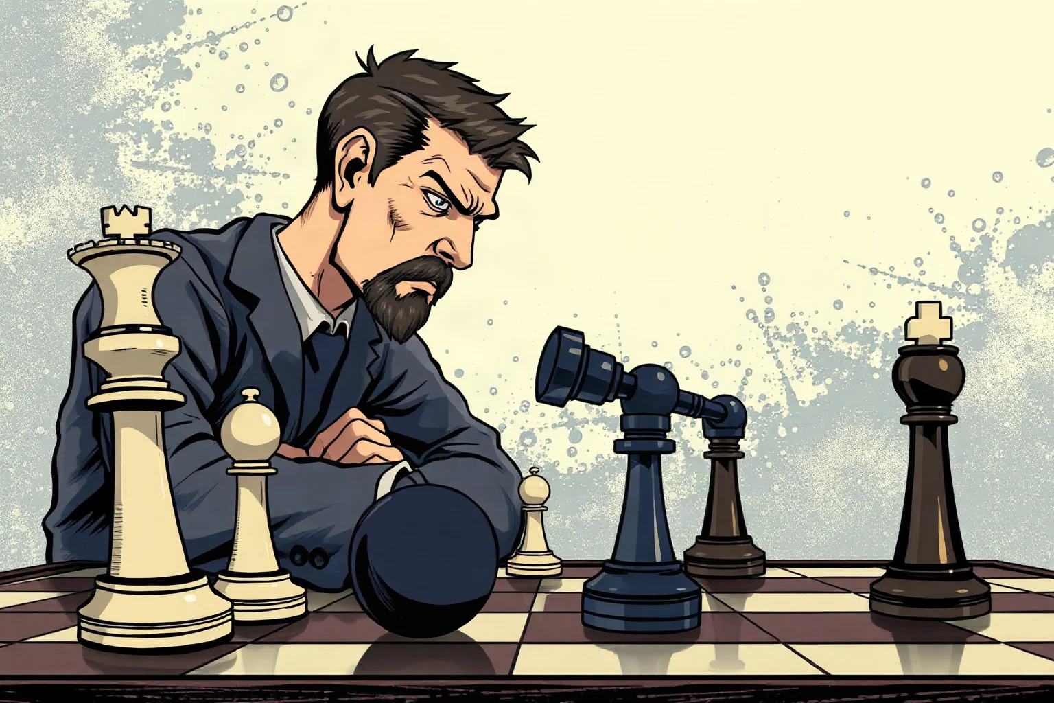 An illustration of a stoic, defensively postured chess player calmly blocking an opponent's attack