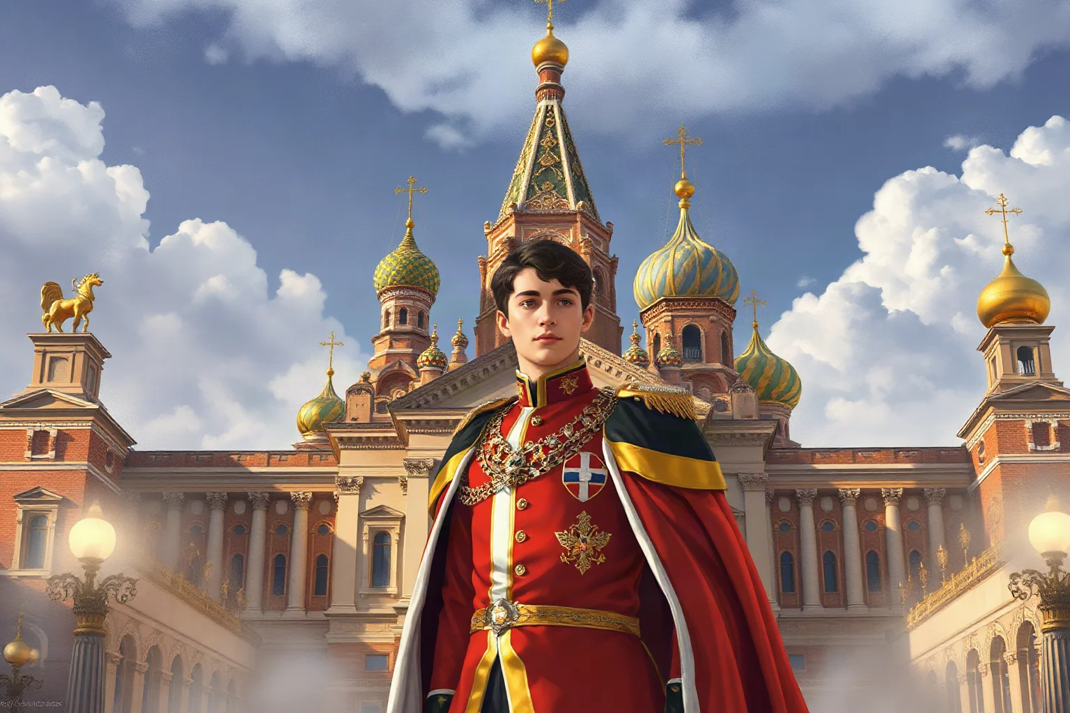 An illustration of a teenage tsar in coronation robes standing before a grand Moscow cathedral
