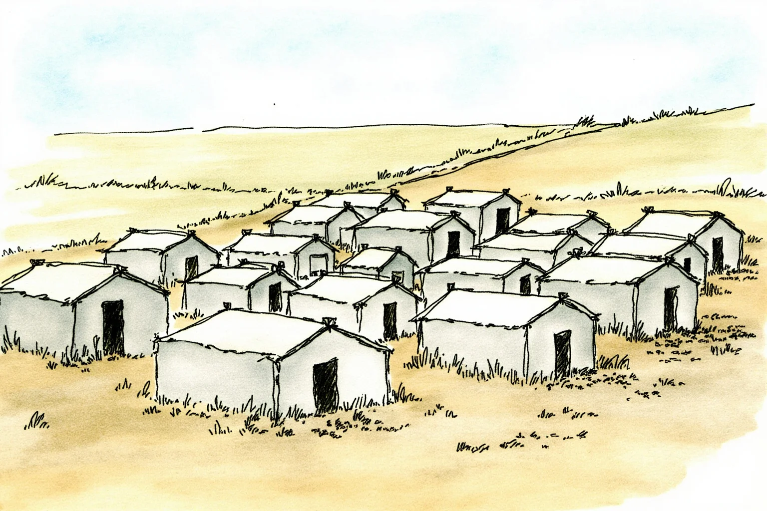 An illustration of a temporary displaced-persons camp with simple shelters on higher ground