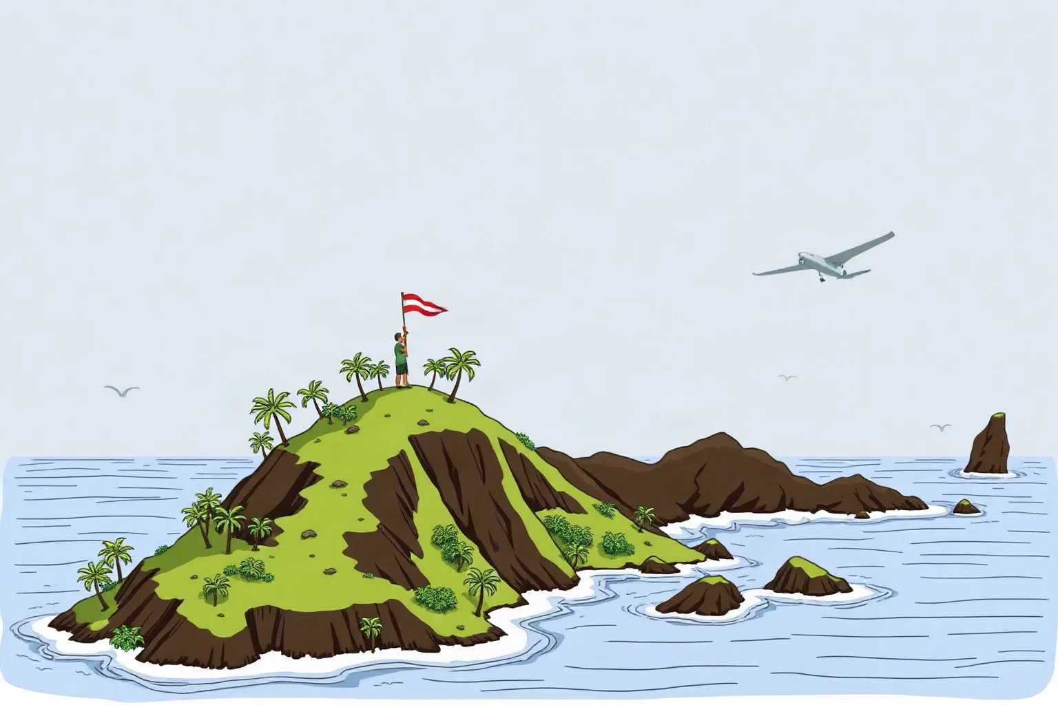 An illustration of a tropical Pacific island coastline with a flag being raised on a hill, representing a 19th-century annexation