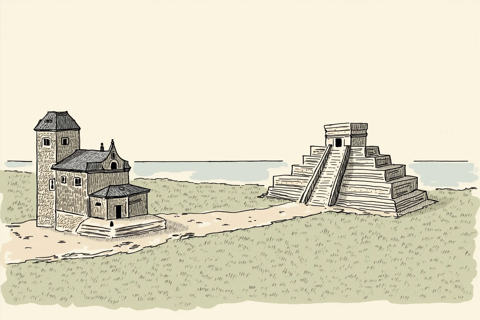 Galileo, Harvard, and 20 Other Unlikely Simultaneous Historical Events 18 An illustration of a Tudor-style castle beside a Mesoamerican temple, connected by a faint ocean horizon line