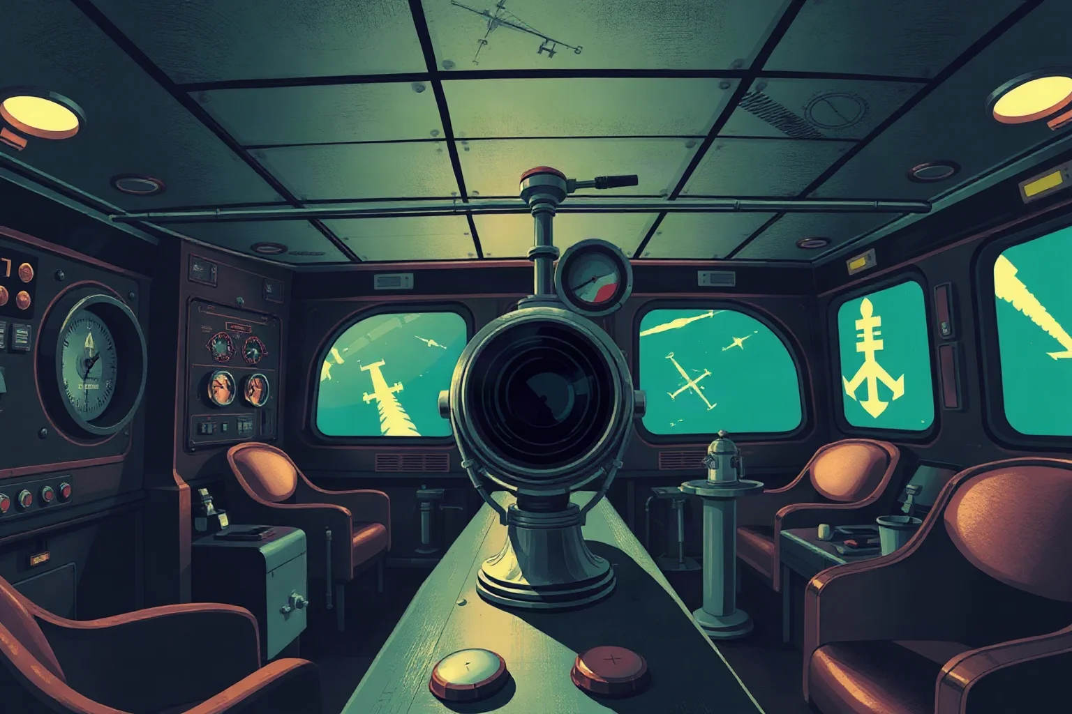 An illustration of a vintage submarine control room with a periscope, evoking a Cold War naval thriller mood