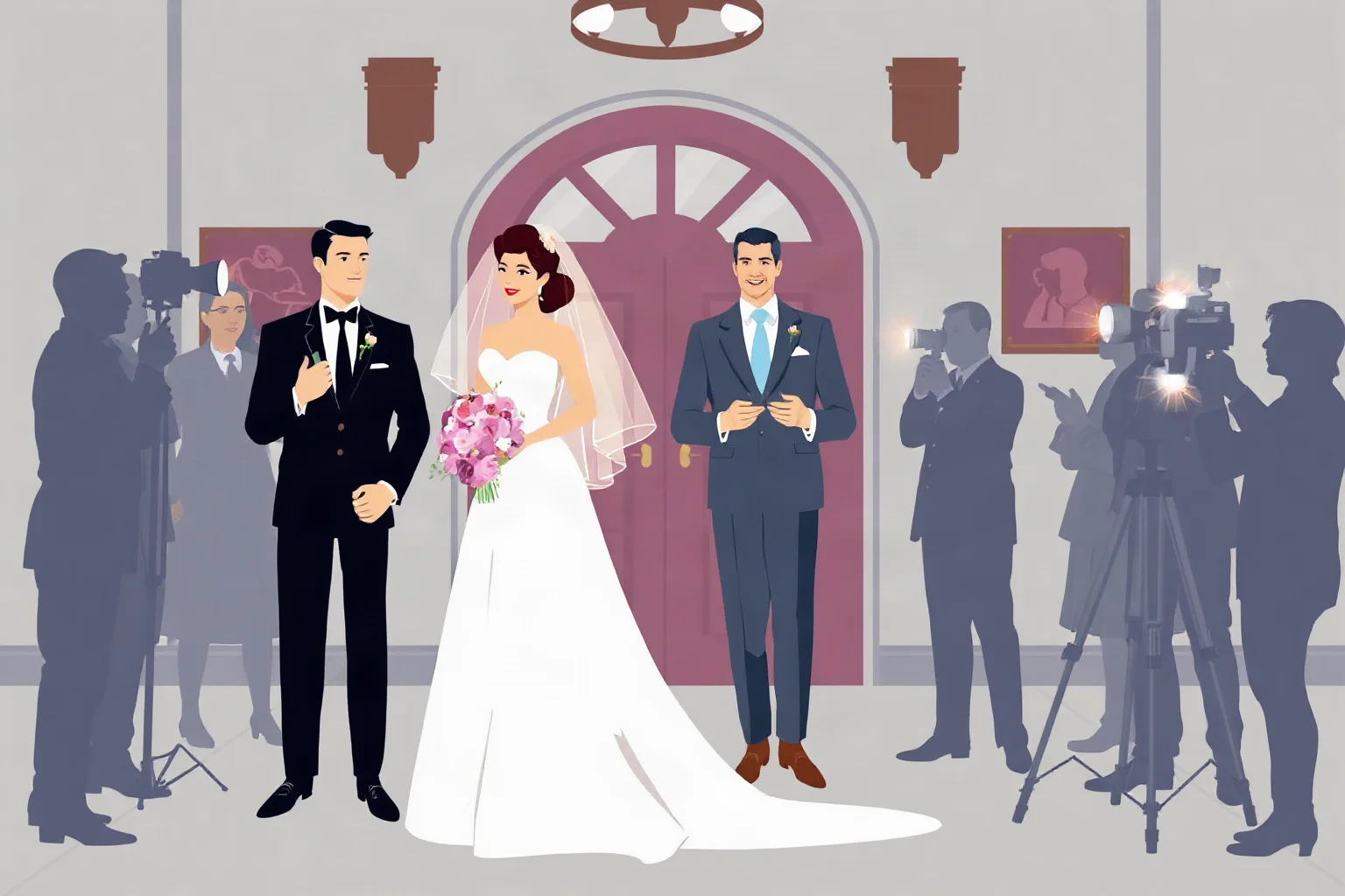 An illustration of a vintage wedding scene from the 1950s with a formal couple and flashing press cameras