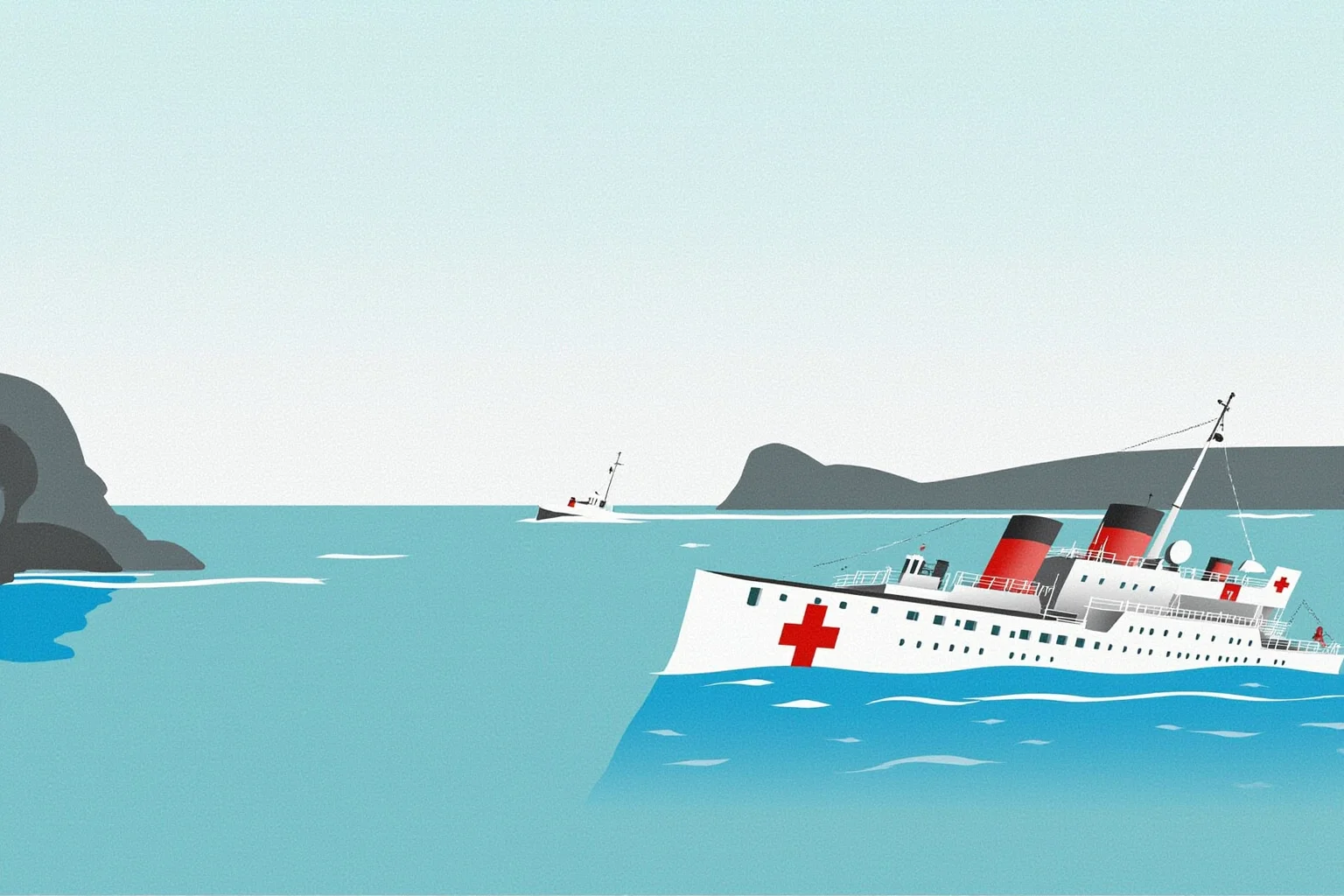 An illustration of a white hospital ship marked with red cross symbols sinking in a calm sea near a rocky island coastline