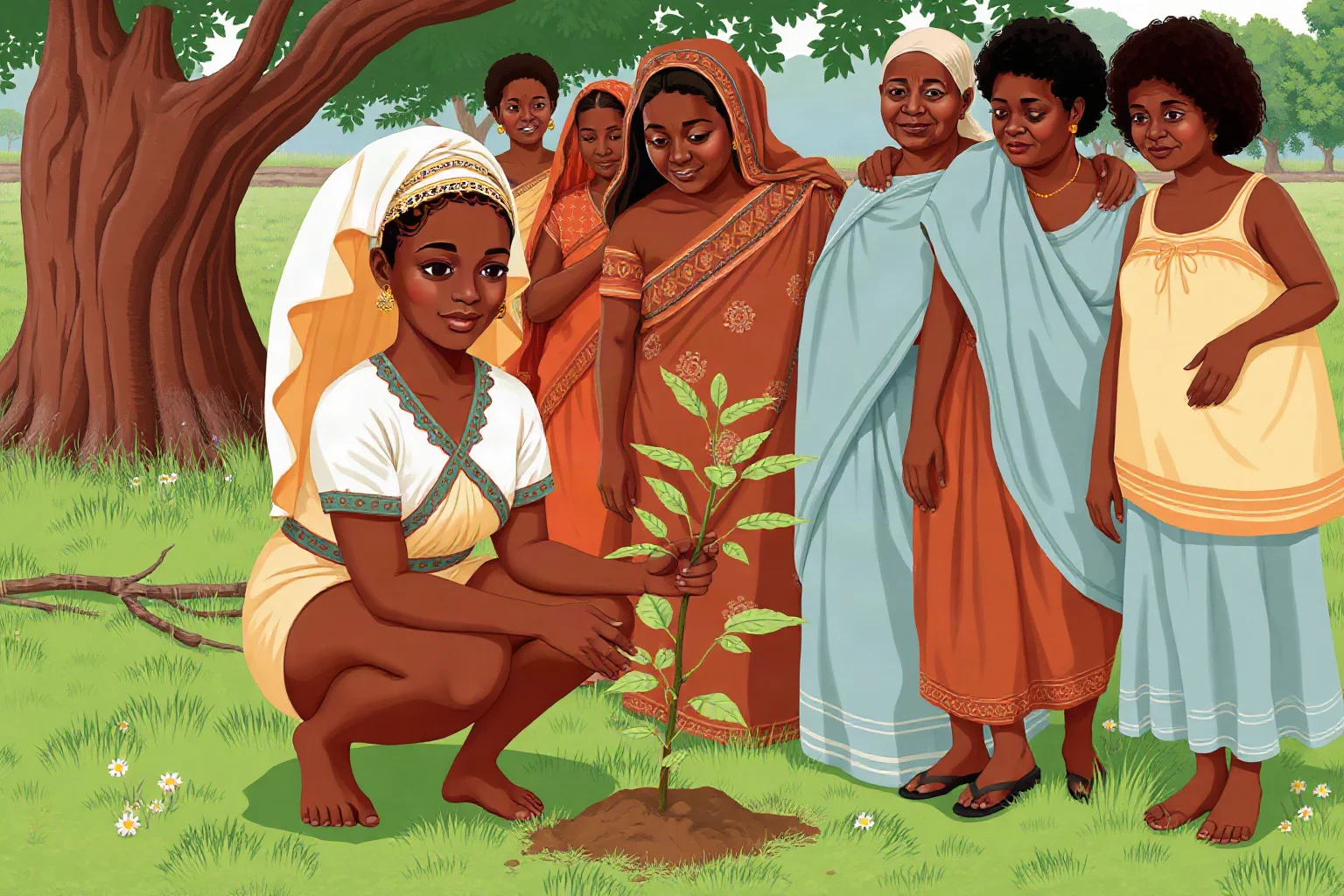 An illustration of a woman in African dress planting a small tree sapling alongside a group of local women