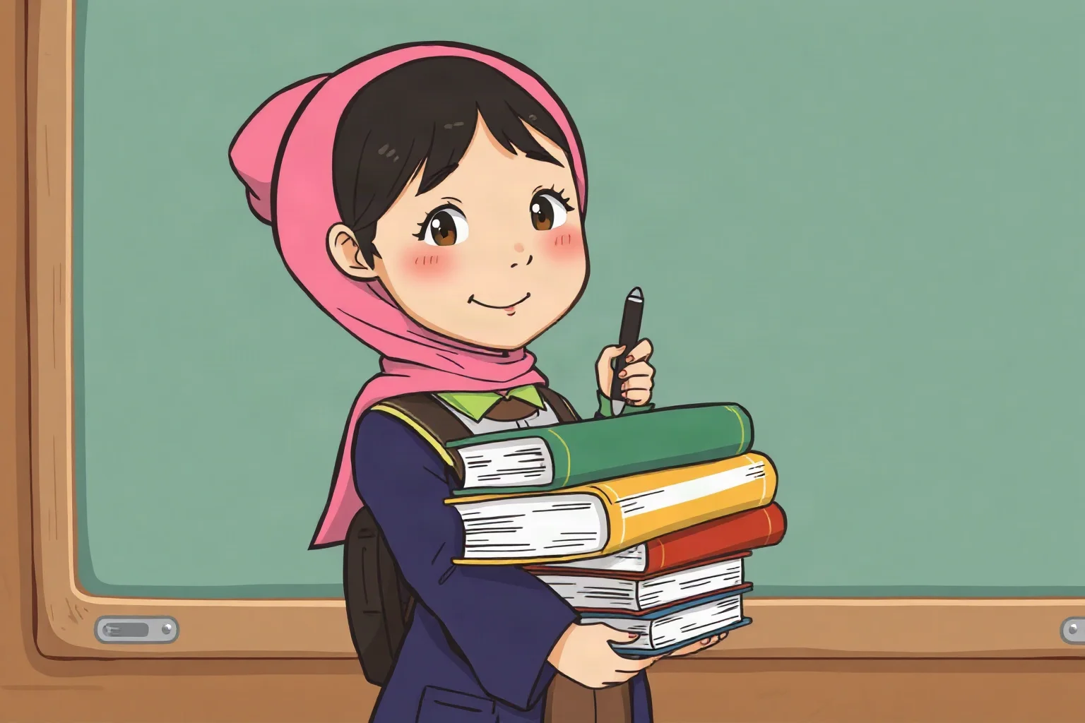 An illustration of a young girl in a headscarf holding a stack of schoolbooks, standing confidently in front of a chalkboard