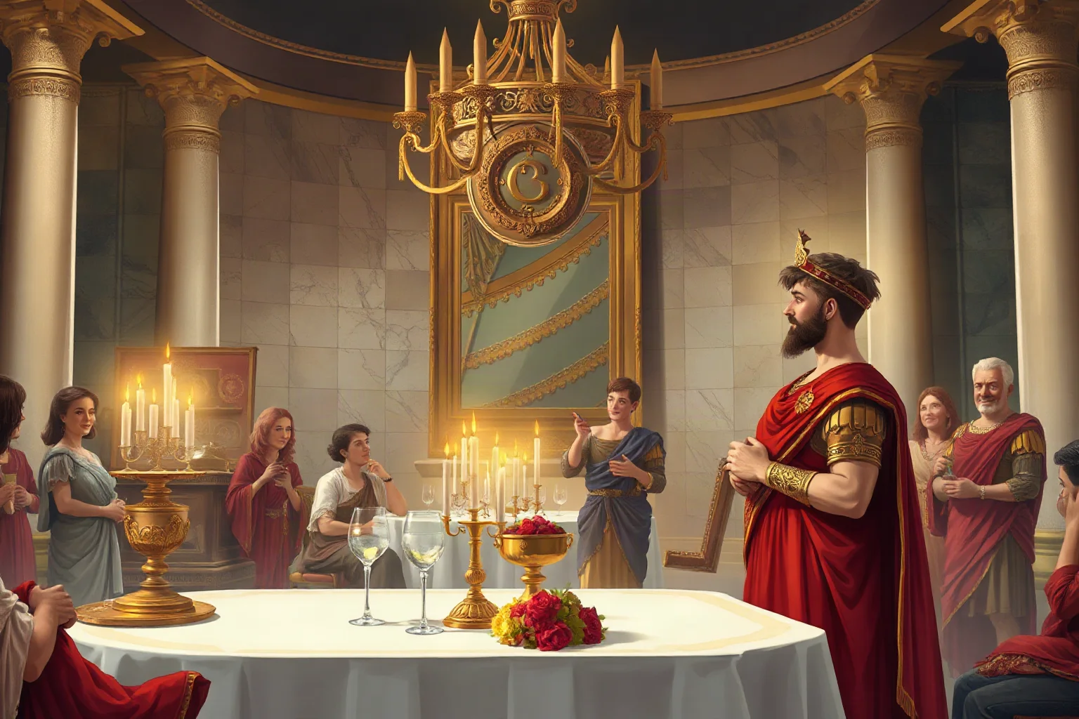 An illustration of a young Roman emperor in extravagant robes hosting an over-the-top banquet in an ornate marble hall
