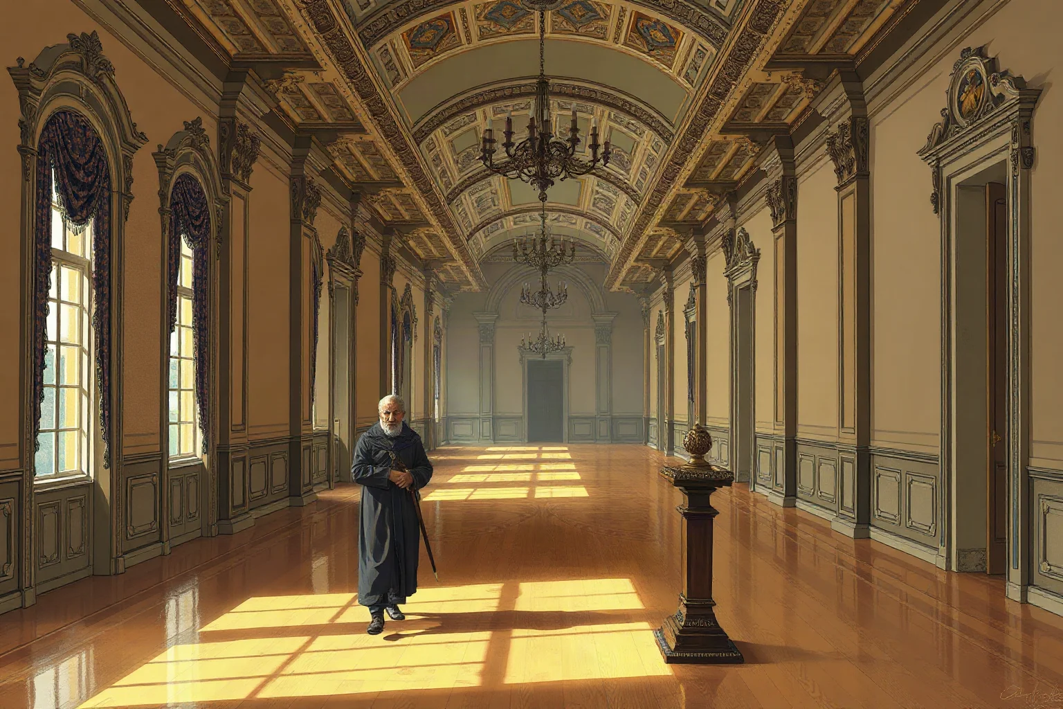 An illustration of an aging 16th-century Russian tsar walking slowly through a grand but empty palace corridor