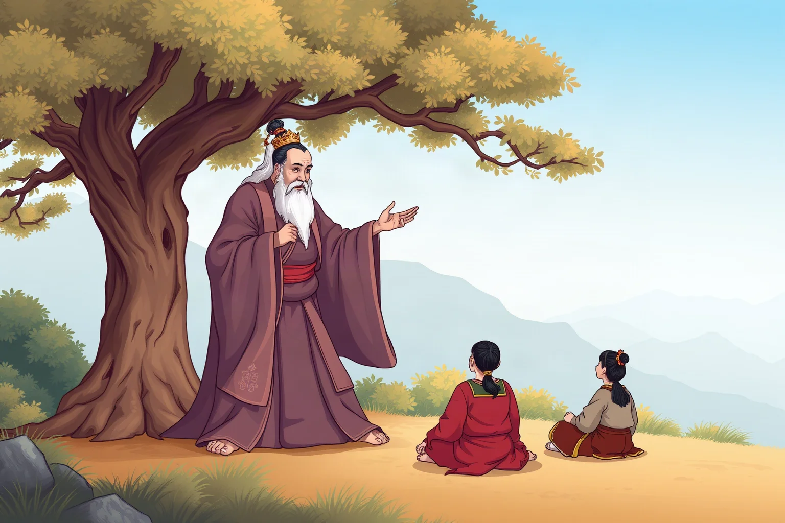 An illustration of an ancient Chinese philosopher in flowing robes teaching a small group of seated students under a tree