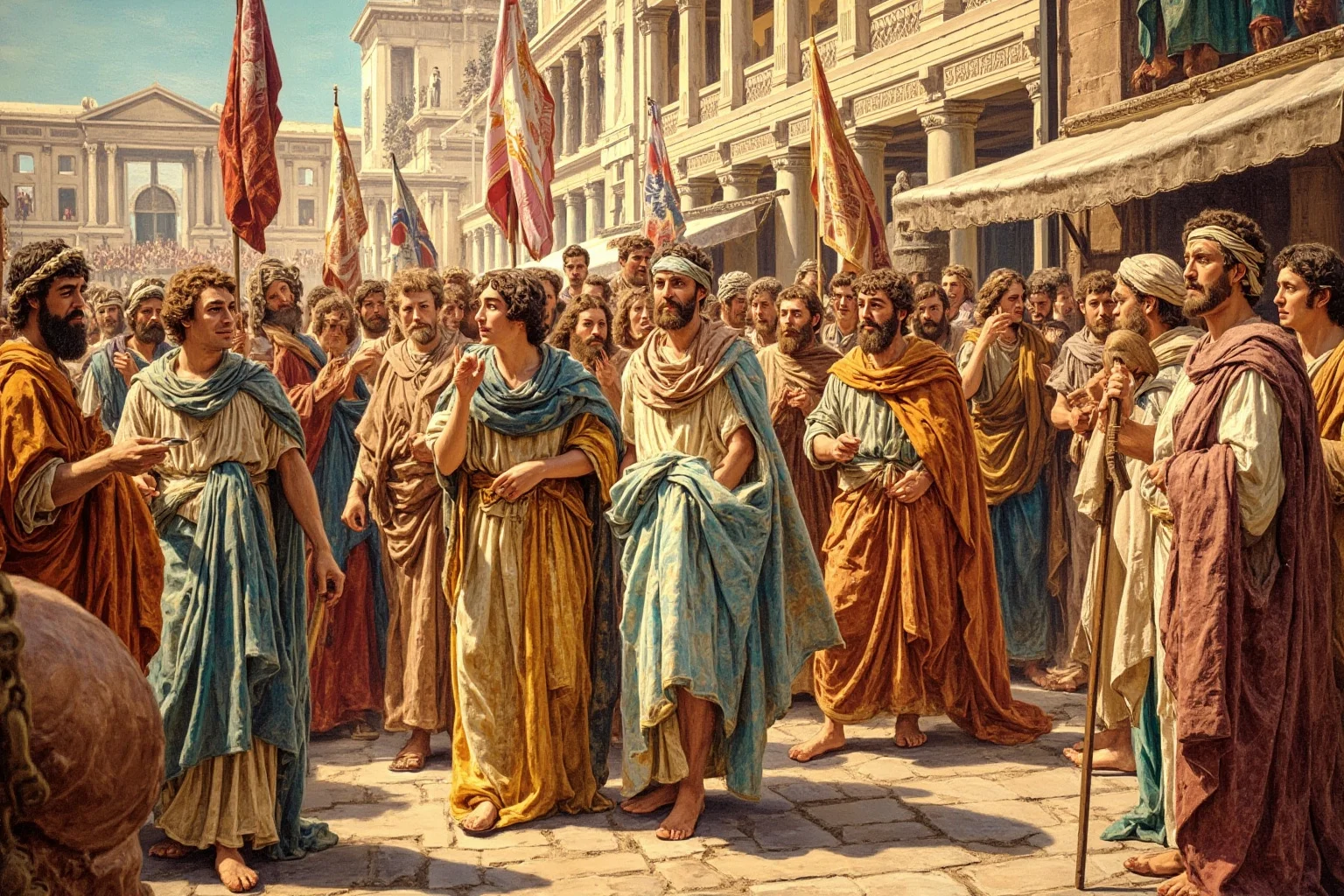 An illustration of an ancient Greek marketplace crowd holding cloaks and garments in celebration, classical art style