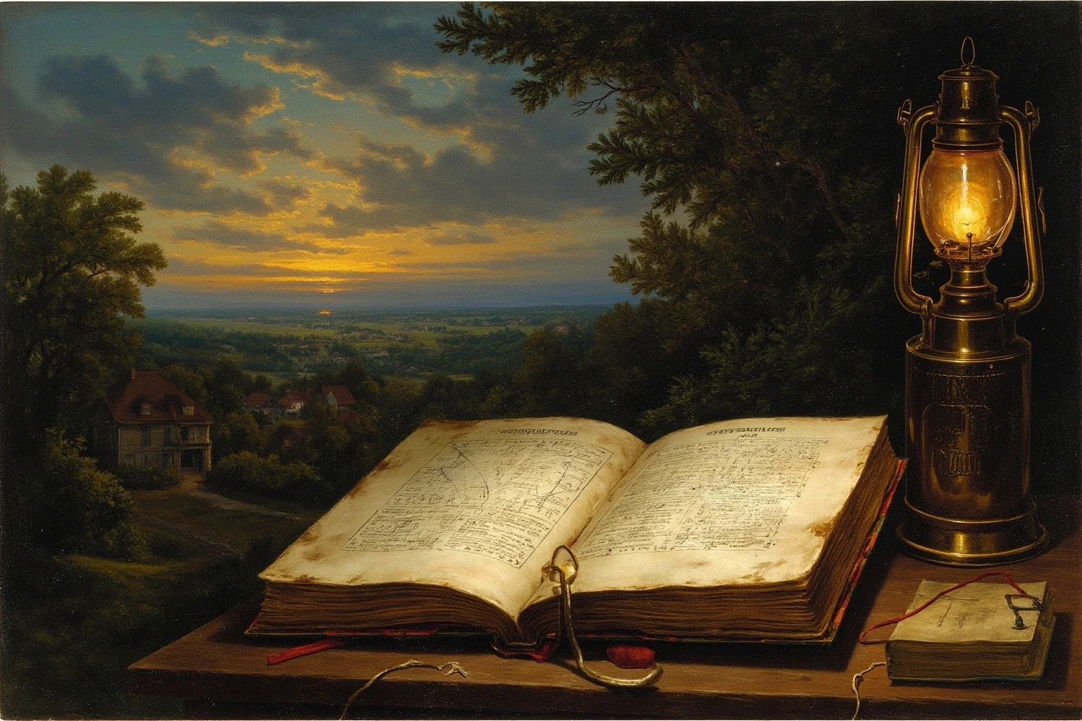 Galileo, Harvard, and 20 Other Unlikely Simultaneous Historical Events 13 An illustration of an antique physics book open beside a colonial village at dusk with lantern light