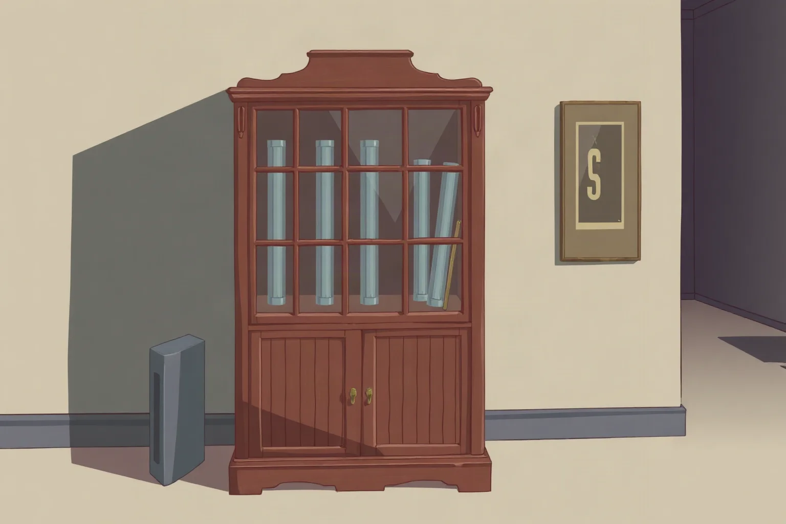An illustration of an antique wooden X-ray machine cabinet with glass tubes, sitting unused in a dim exhibition hall