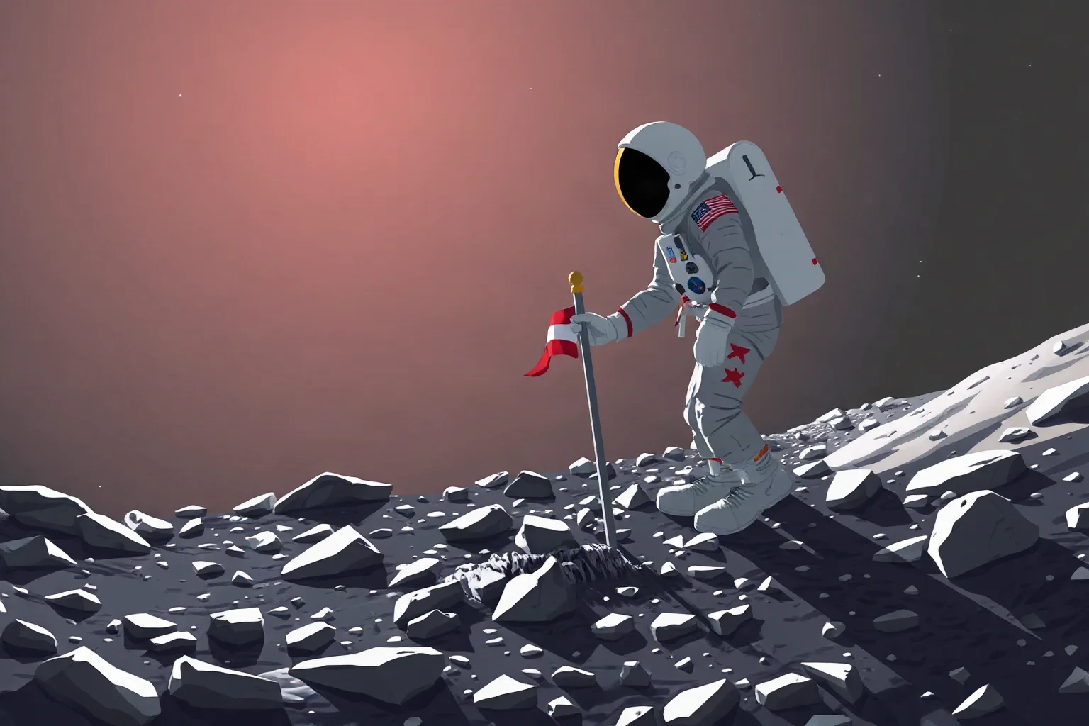 An illustration of an astronaut planting a flag on a rod into rocky grey lunar soil, flag caught mid-motion