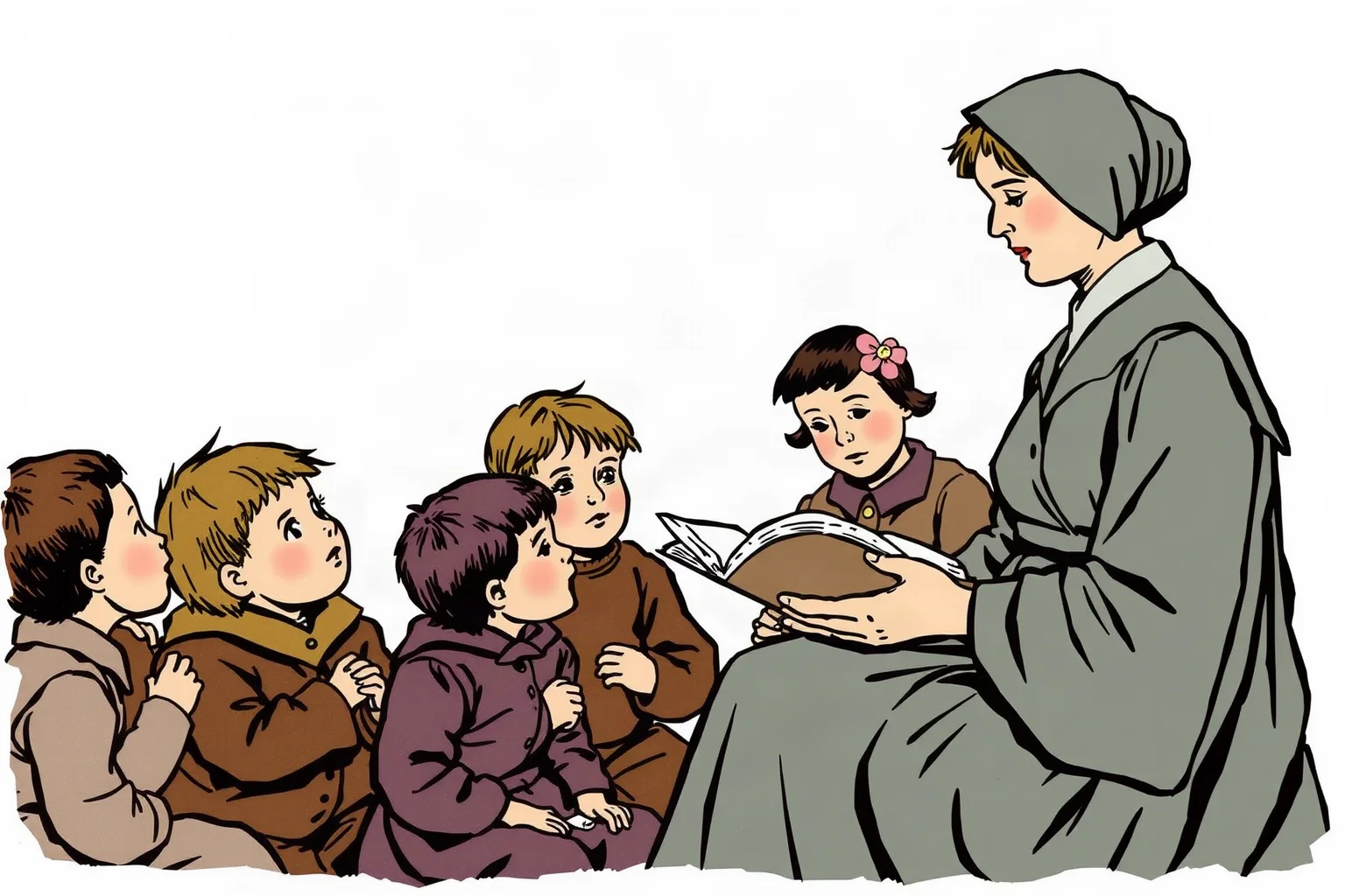 An illustration of an early 20th-century woman in modest dress reading aloud to a group of war-affected children