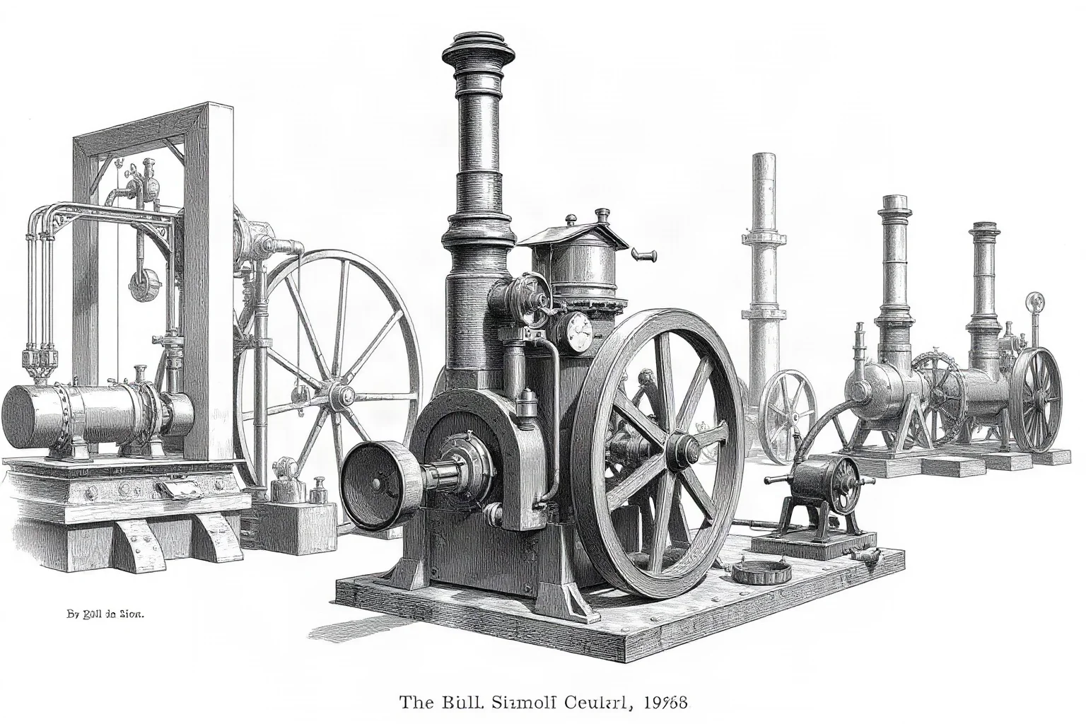 An illustration of an early steam engine and industrial machinery representing technological innovation