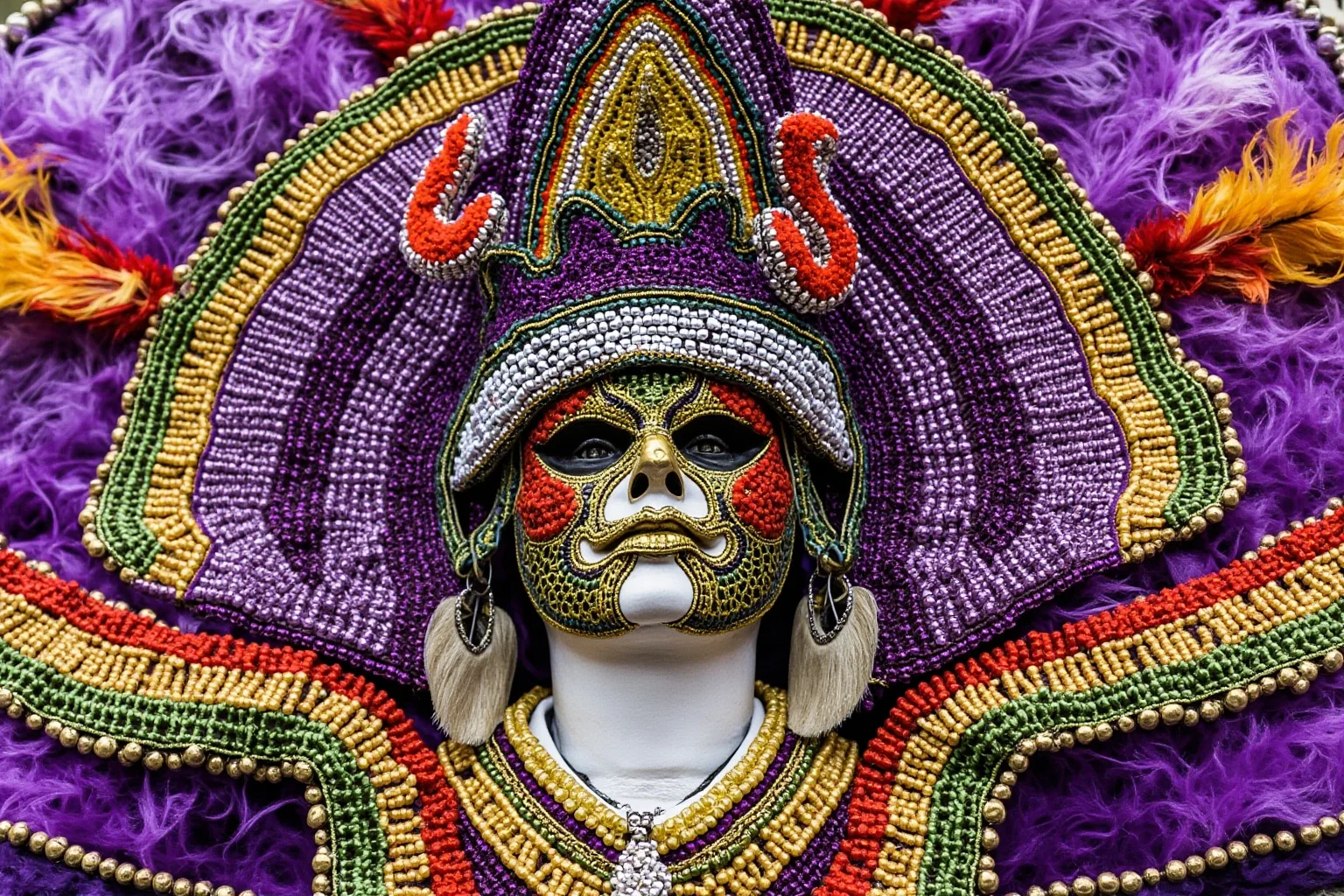Mardi Gras Krewes: How Parades Turned Into Power And Pop Culture 15 An illustration of an elaborately beaded and feathered ceremonial suit inspired by Mardi Gras Indian tradition