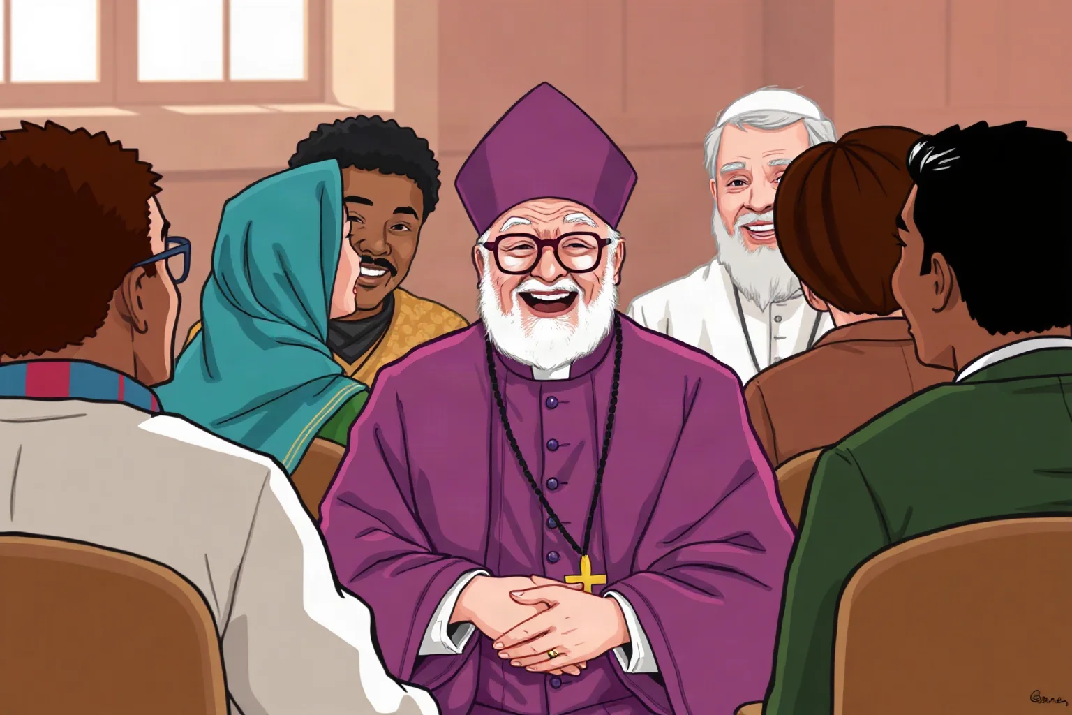 An illustration of an elderly archbishop in purple clergy robes and glasses, laughing warmly while seated among a diverse group