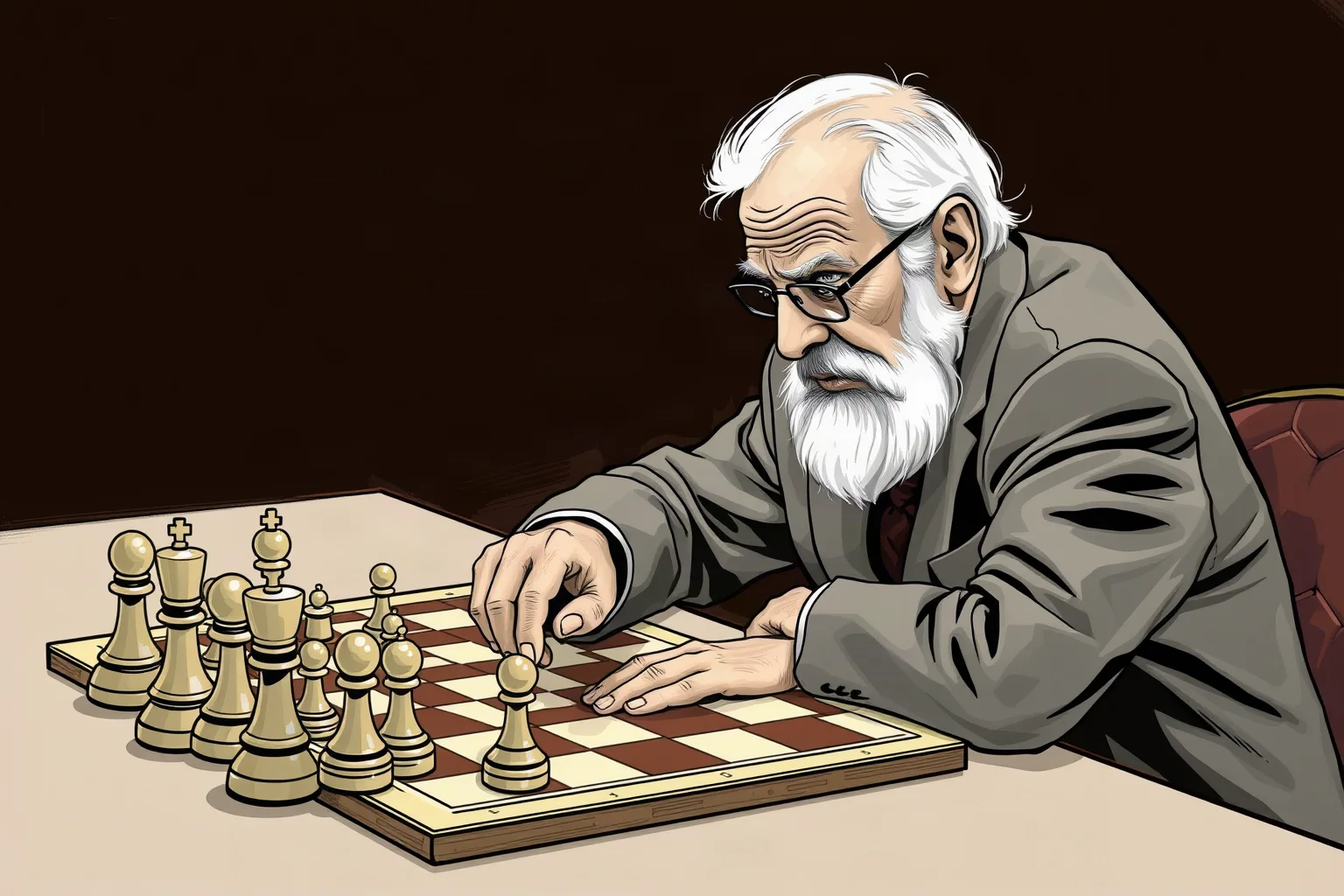 An illustration of an elderly but sharp chess grandmaster still competing intently at a tournament table