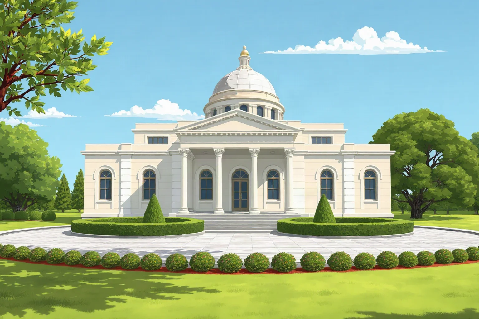 An illustration of an elegant domed marble memorial building surrounded by manicured lawns and trees