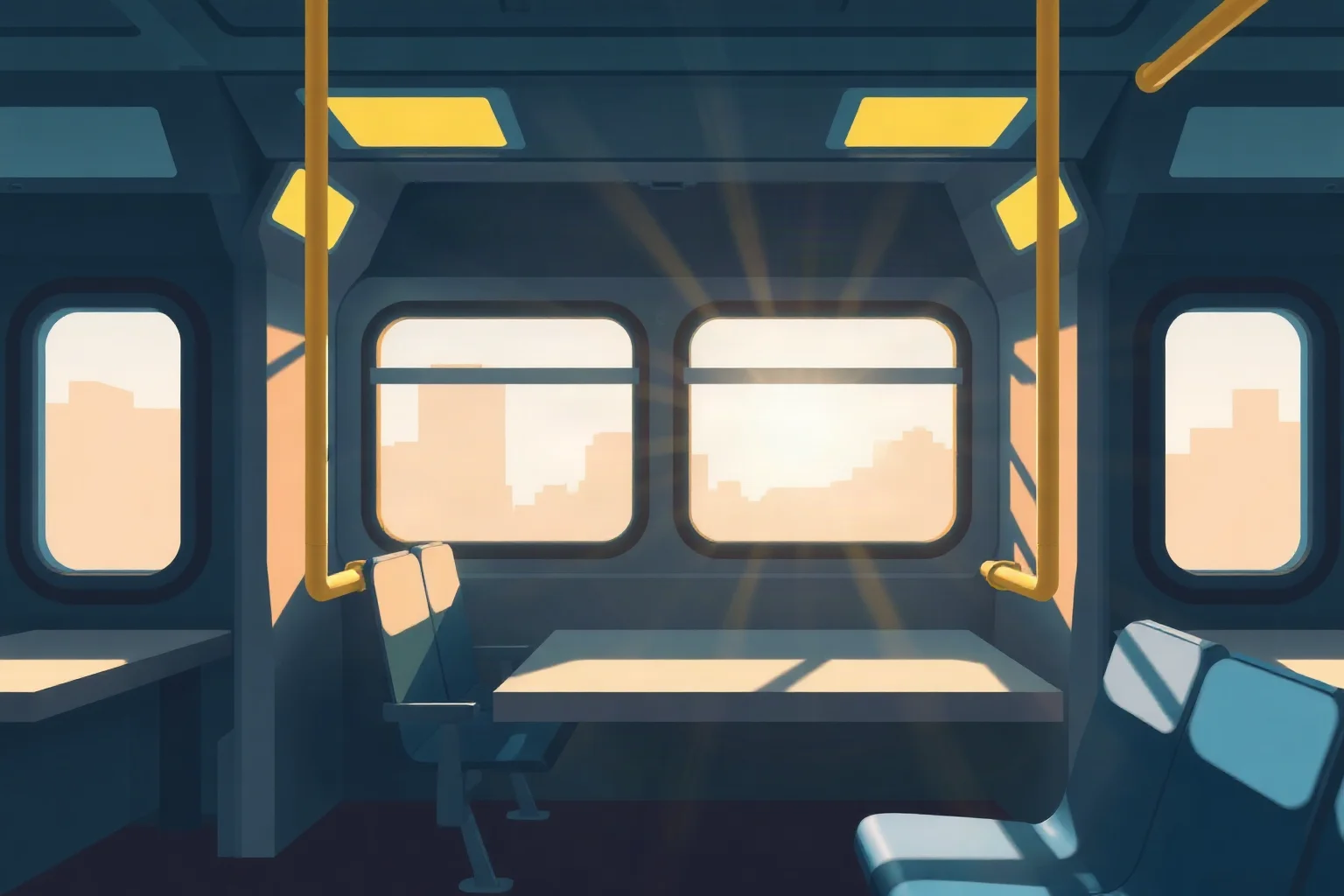 An illustration of an empty city bus seat with morning light streaming through the windows