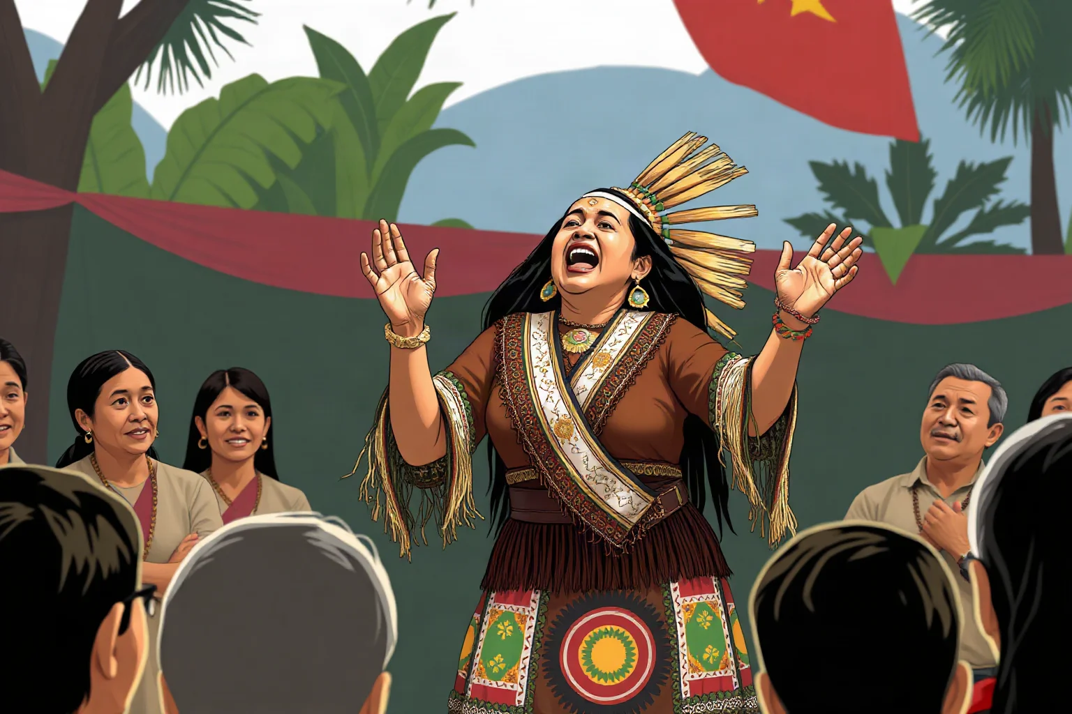 An illustration of an Indigenous Guatemalan woman in traditional woven clothing speaking passionately before a crowd