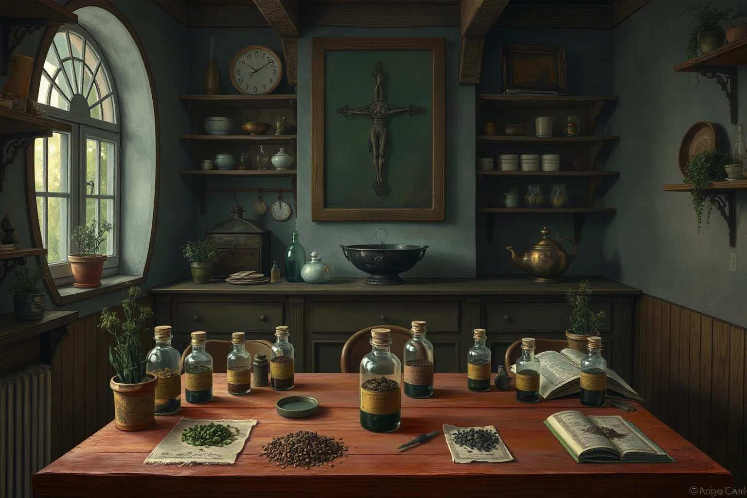 An illustration of an old apothecary's table with vials and herbs in a dim medieval Russian study