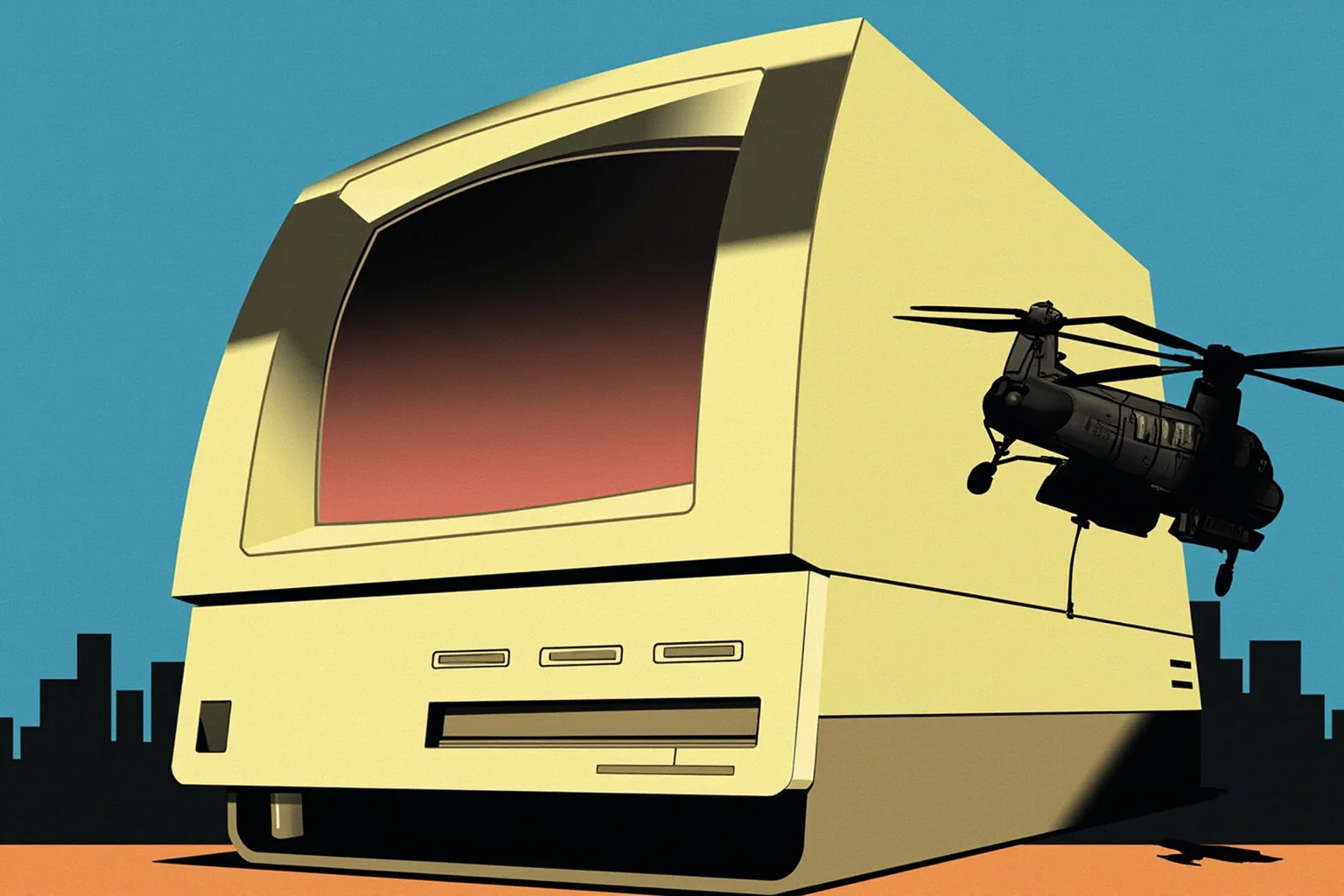 Galileo, Harvard, and 20 Other Unlikely Simultaneous Historical Events 16 An illustration of an old beige computer beside a helicopter silhouette over a distant skyline, symbolizing 1975