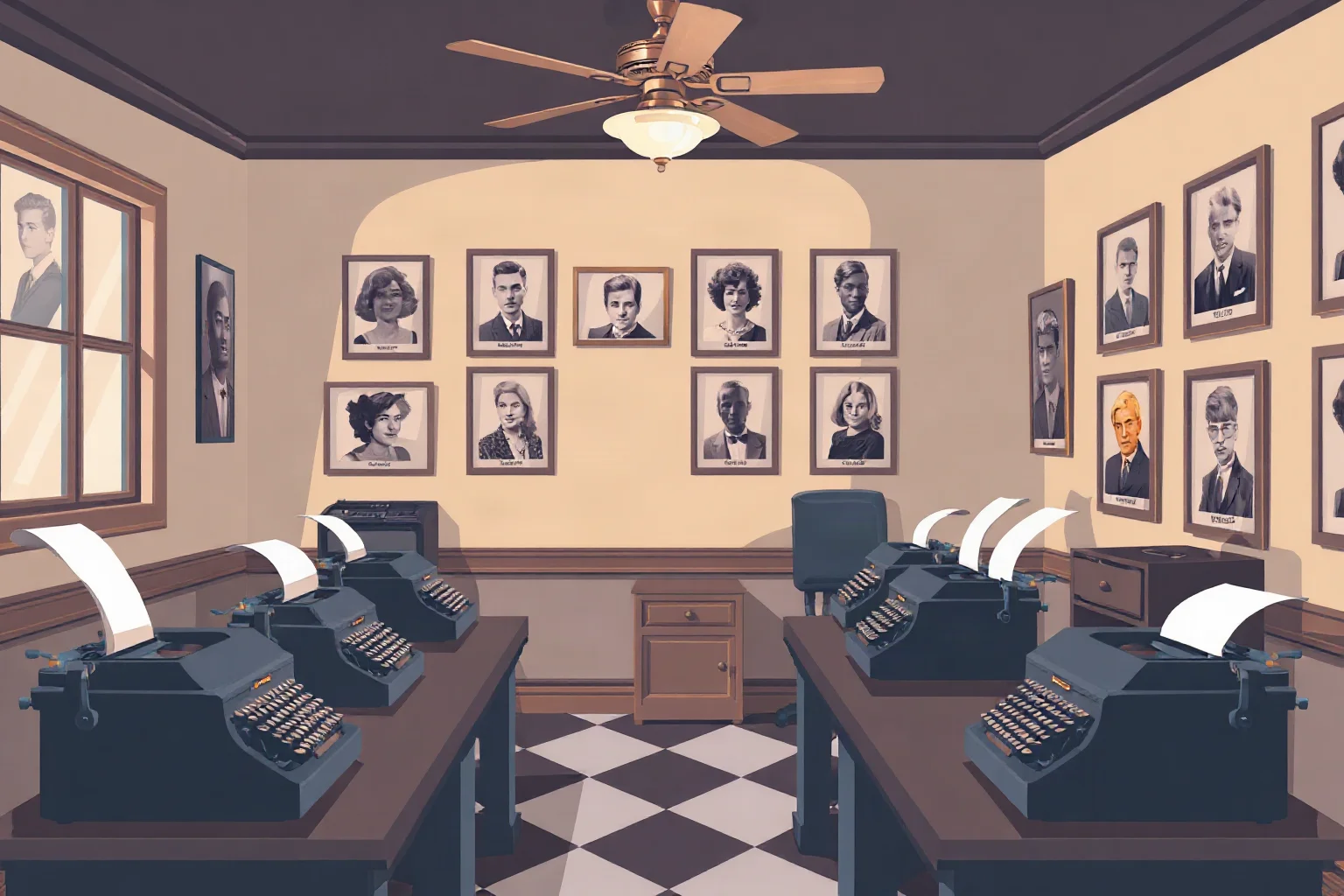 An illustration of an old-fashioned Hollywood talent agency office with typewriters and framed headshots on the wall