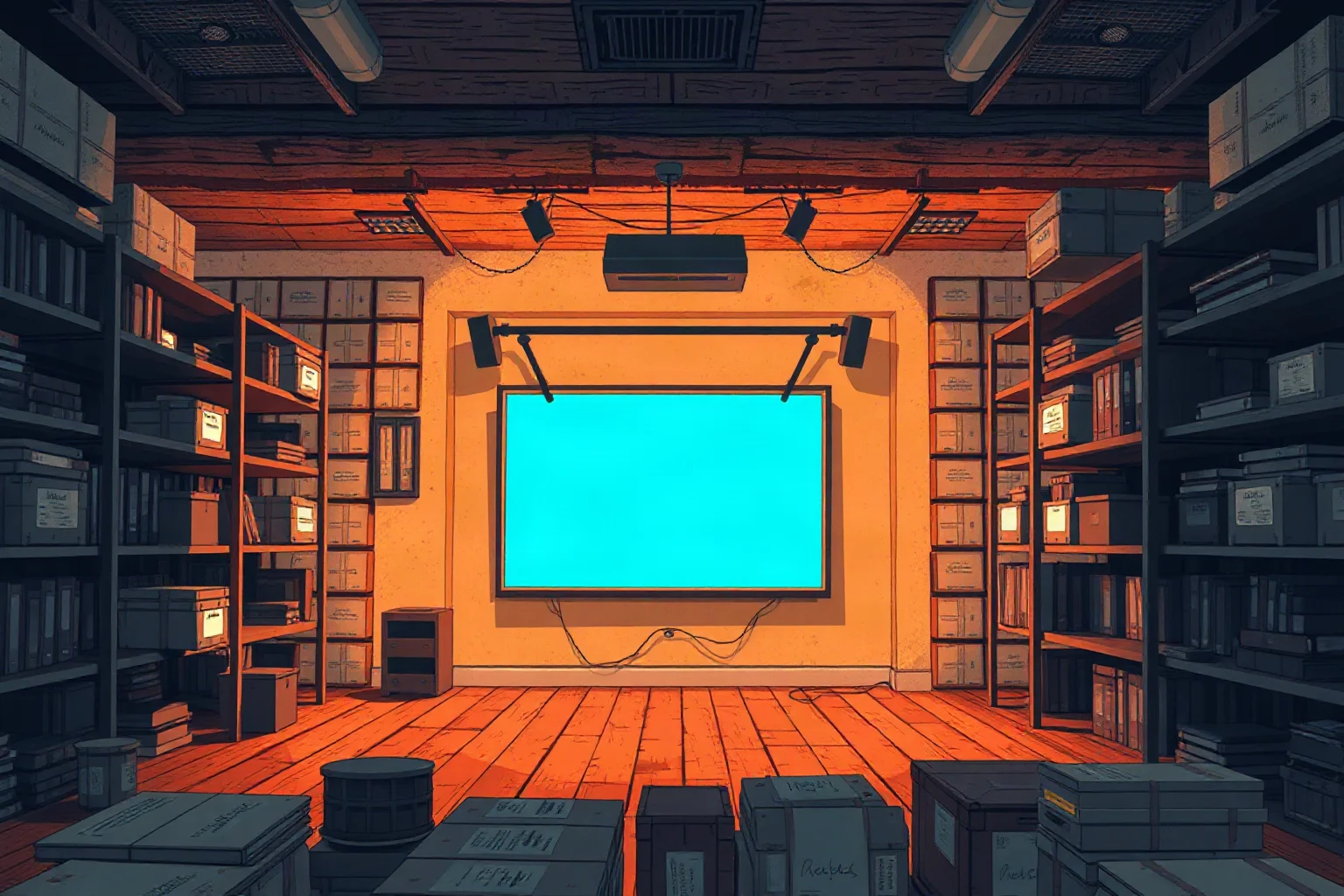 An illustration of an old film archive room with stacked film reels and a glowing documentary screen
