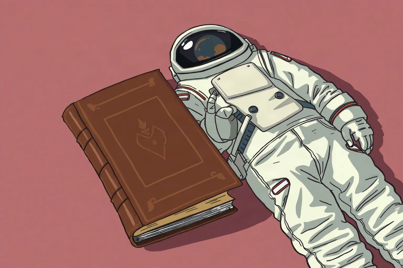 An illustration of an old leather-bound book resting untouched beside a folded astronaut suit