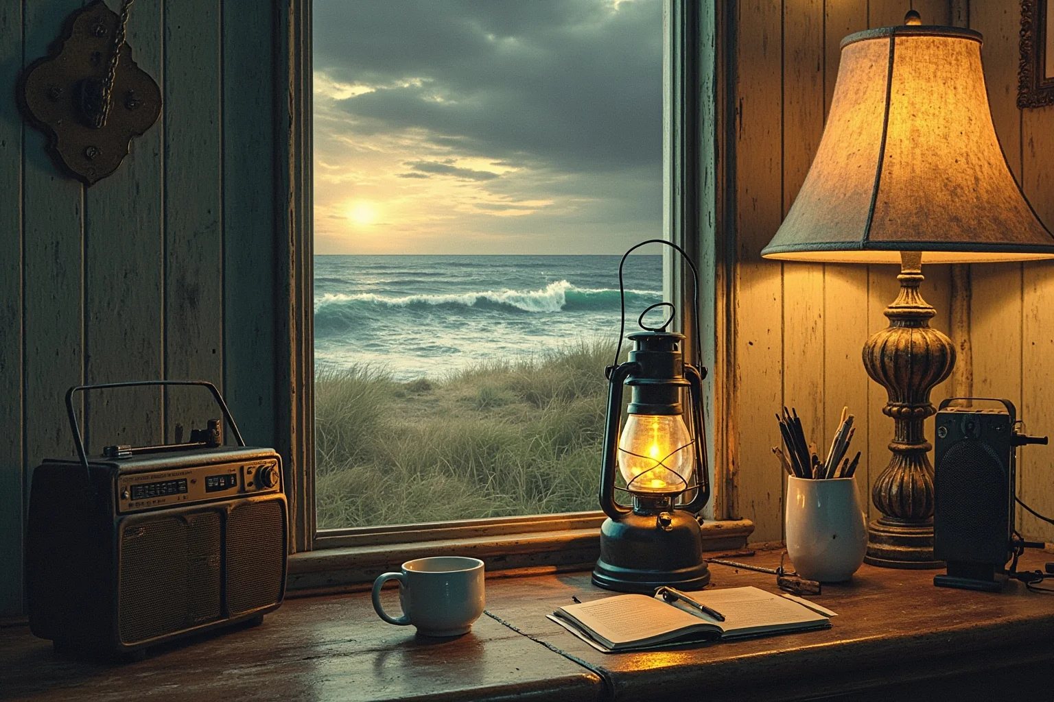 An illustration of an old radio and a lantern in a rural coastal home, evoking limited storm warning reach